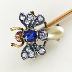 Victorian Pearl Sapphire Ruby Diamond Bee/Insect/Bug Stick Pin, circa 1880