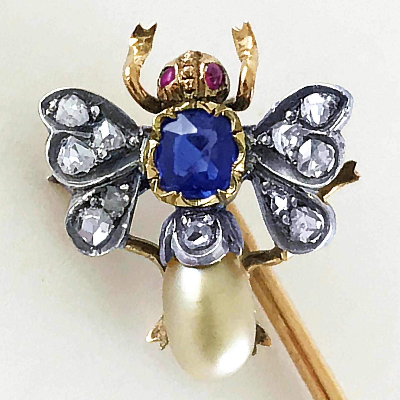 Victorian Pearl Sapphire Ruby Diamond Bee/Insect/Bug Stick Pin, circa 1880 In Excellent Condition In London, GB