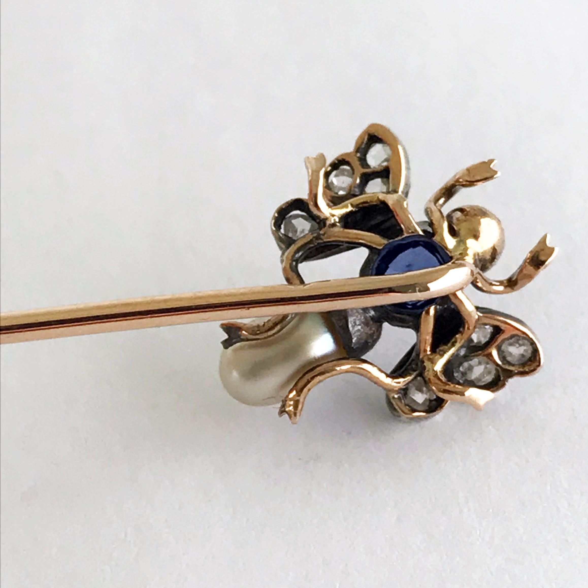 Women's or Men's Victorian Pearl Sapphire Ruby Diamond Bee/Insect/Bug Stick Pin, circa 1880