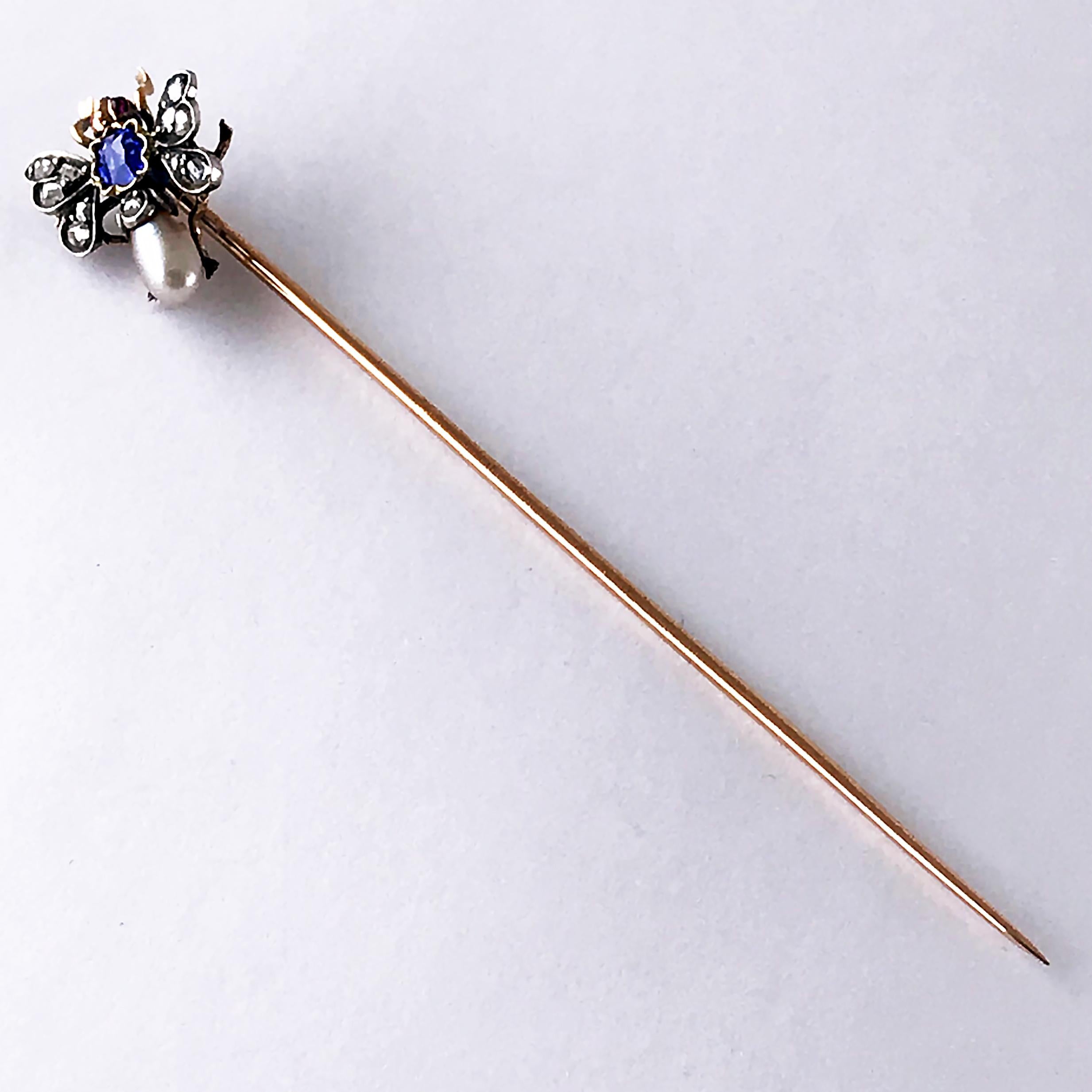 Victorian Pearl Sapphire Ruby Diamond Bee/Insect/Bug Stick Pin, circa 1880 2