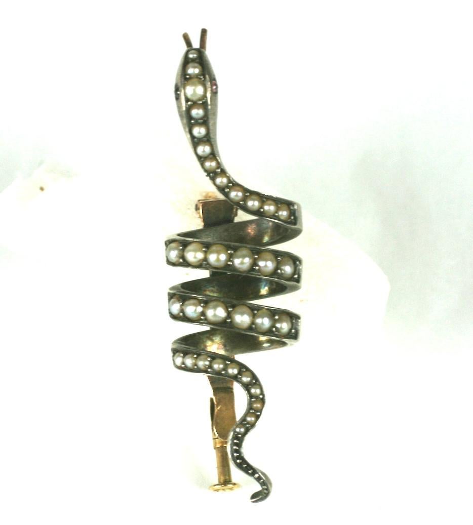 French Victorian sterling silver coiled snake nose gay brooch. 18k gold back fittings with natural half pearl pave work up the snake's body with small ruby cabochon eyes. Flowers for the lapel are held within the coiled snake.
Late 19th Century. 1
