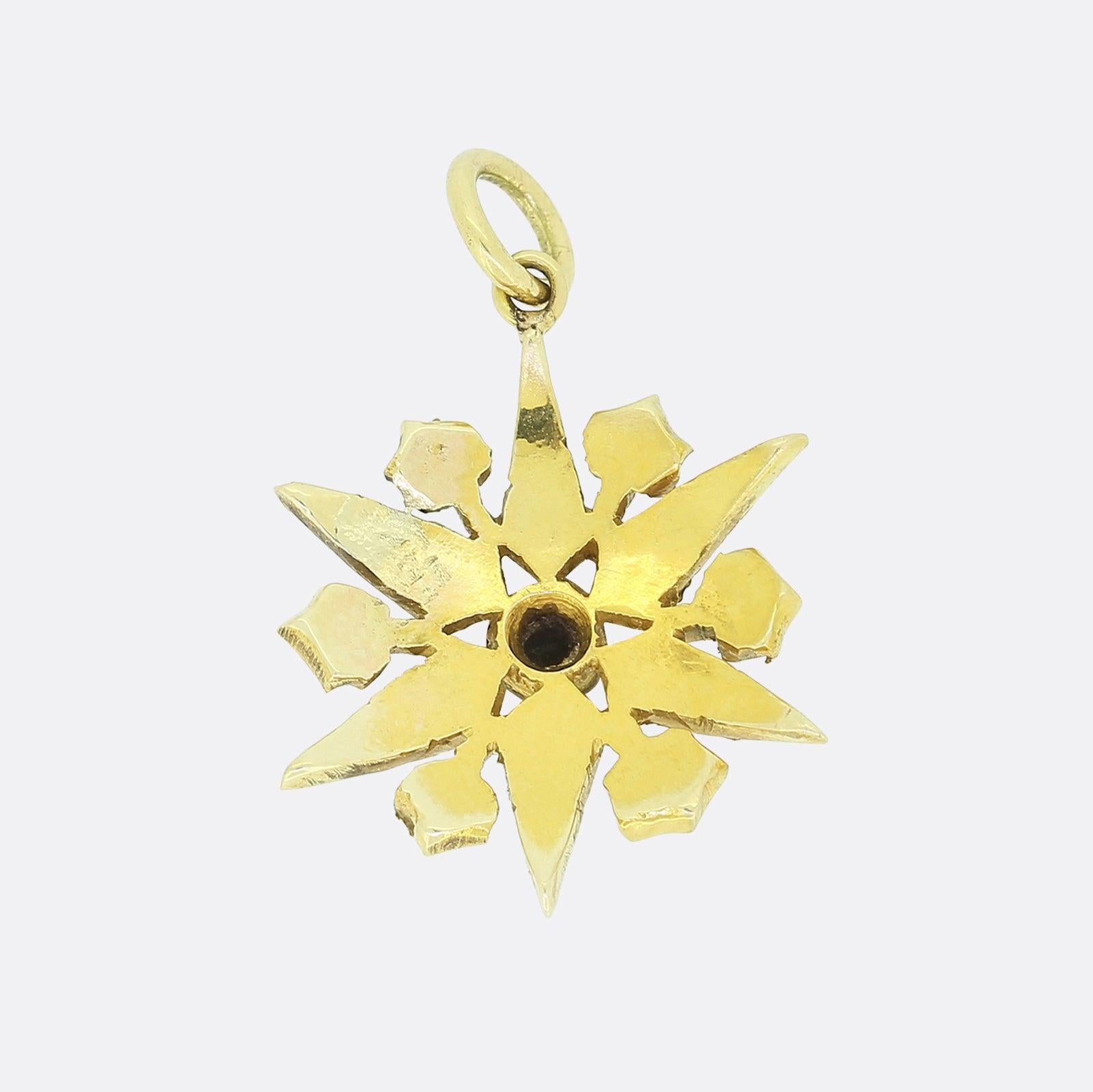 Here we have a 15ct yellow gold pendant from the Victorian era. It has been crafted into the shape of a six pointed star and set with an array of domed pearls of differing sizes. 

Condition: Used (Very Good)
Weight: 2.6 grams
Pendant Dimensions: