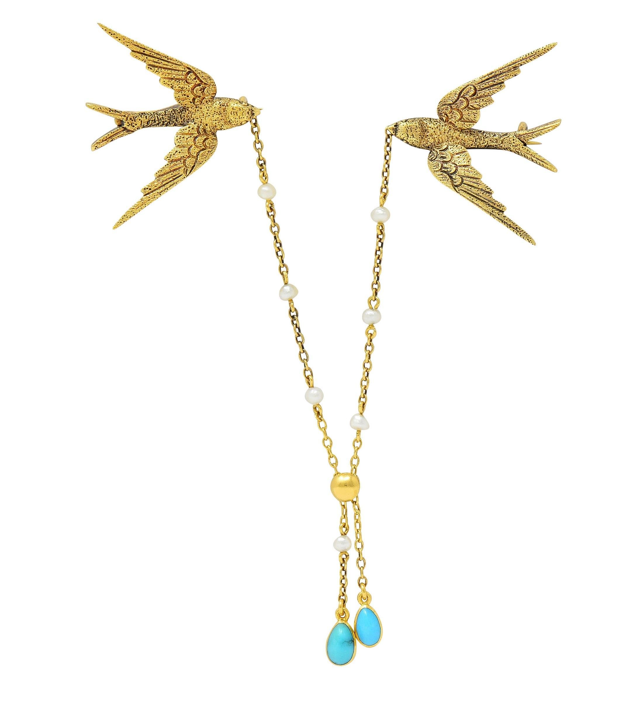Victorian Pearl Turquoise 18 Karat Yellow Gold Antique Swallow Chain Brooch For Sale 7