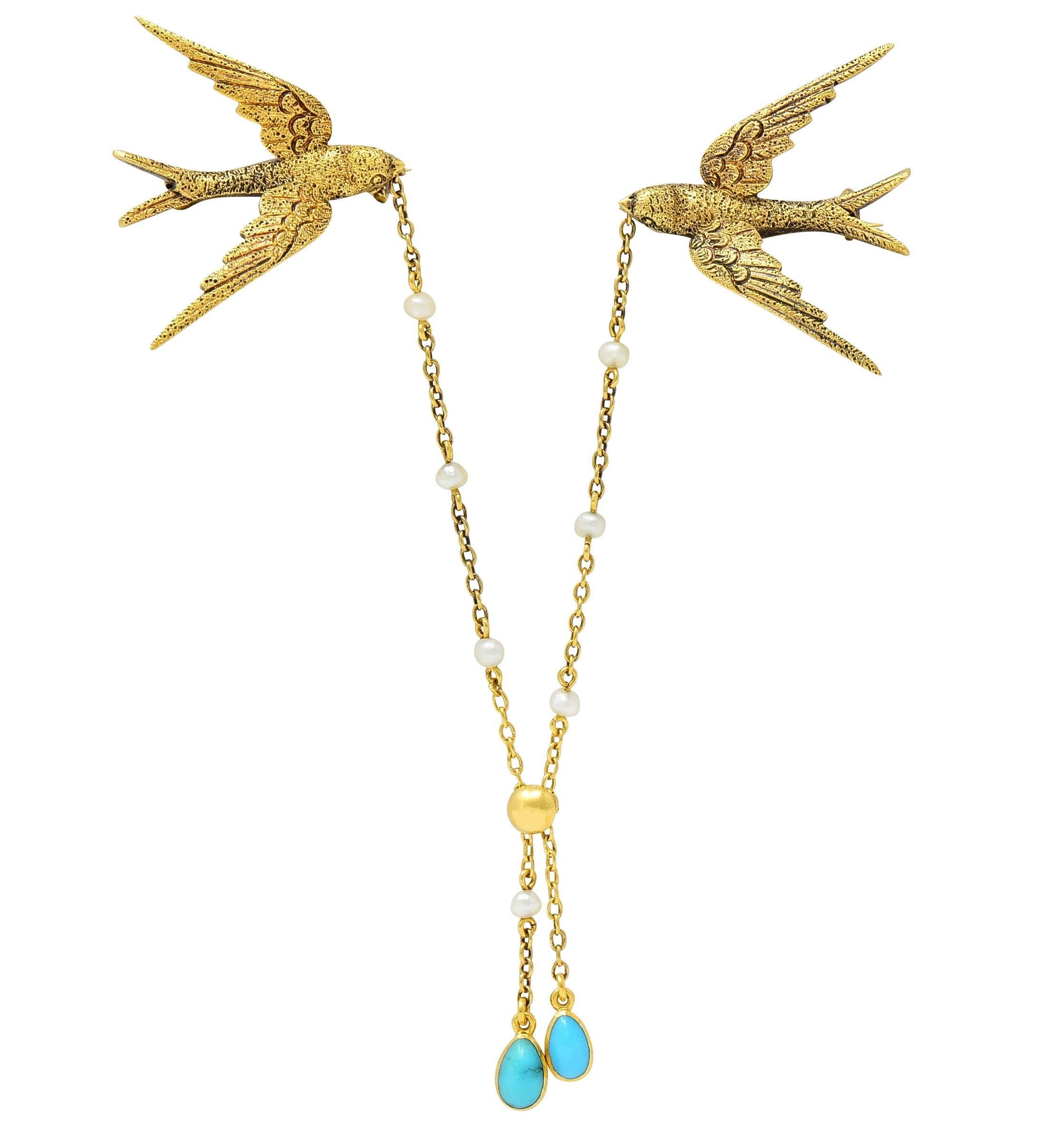 Women's or Men's Victorian Pearl Turquoise 18 Karat Yellow Gold Antique Swallow Chain Brooch For Sale