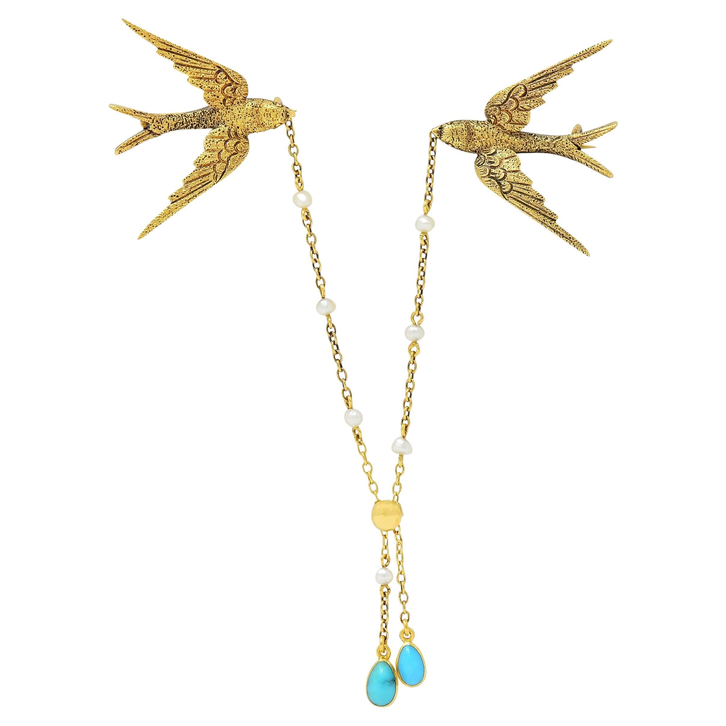 Victorian Pearl Turquoise 18 Karat Yellow Gold Antique Swallow Chain Brooch For Sale