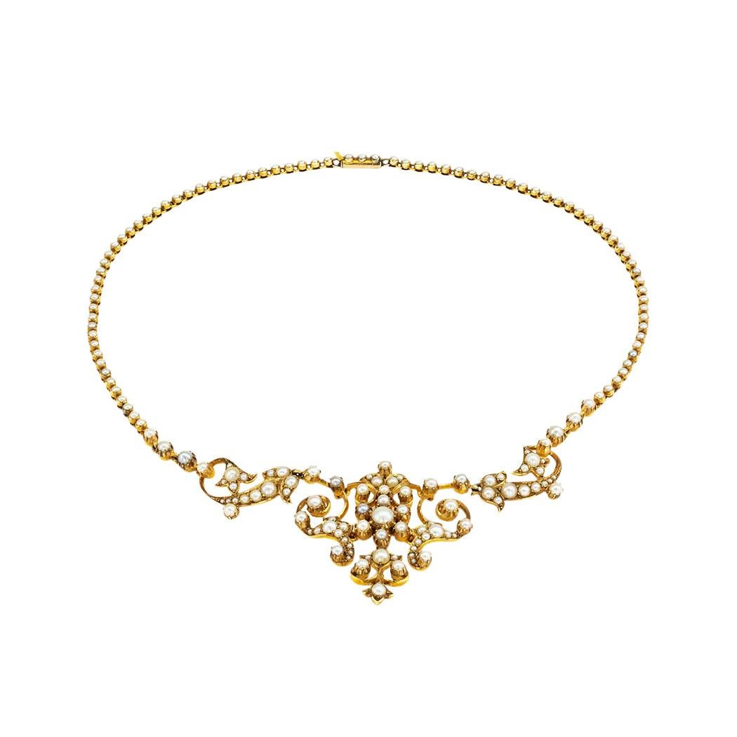 Round Cut Victorian Pearl Yellow Gold Necklace