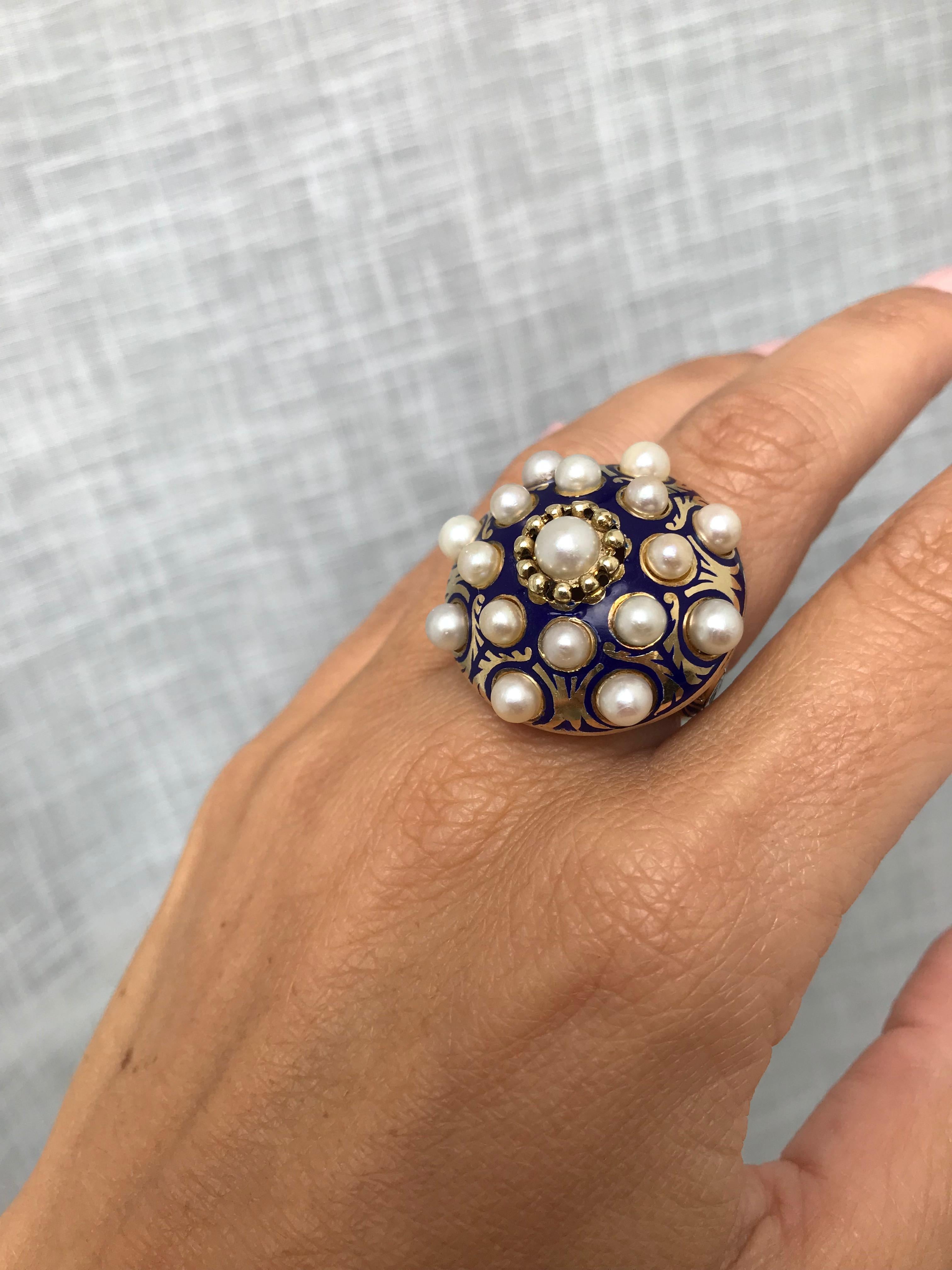 Victorian Pearls Enamel Gold Ring 2
