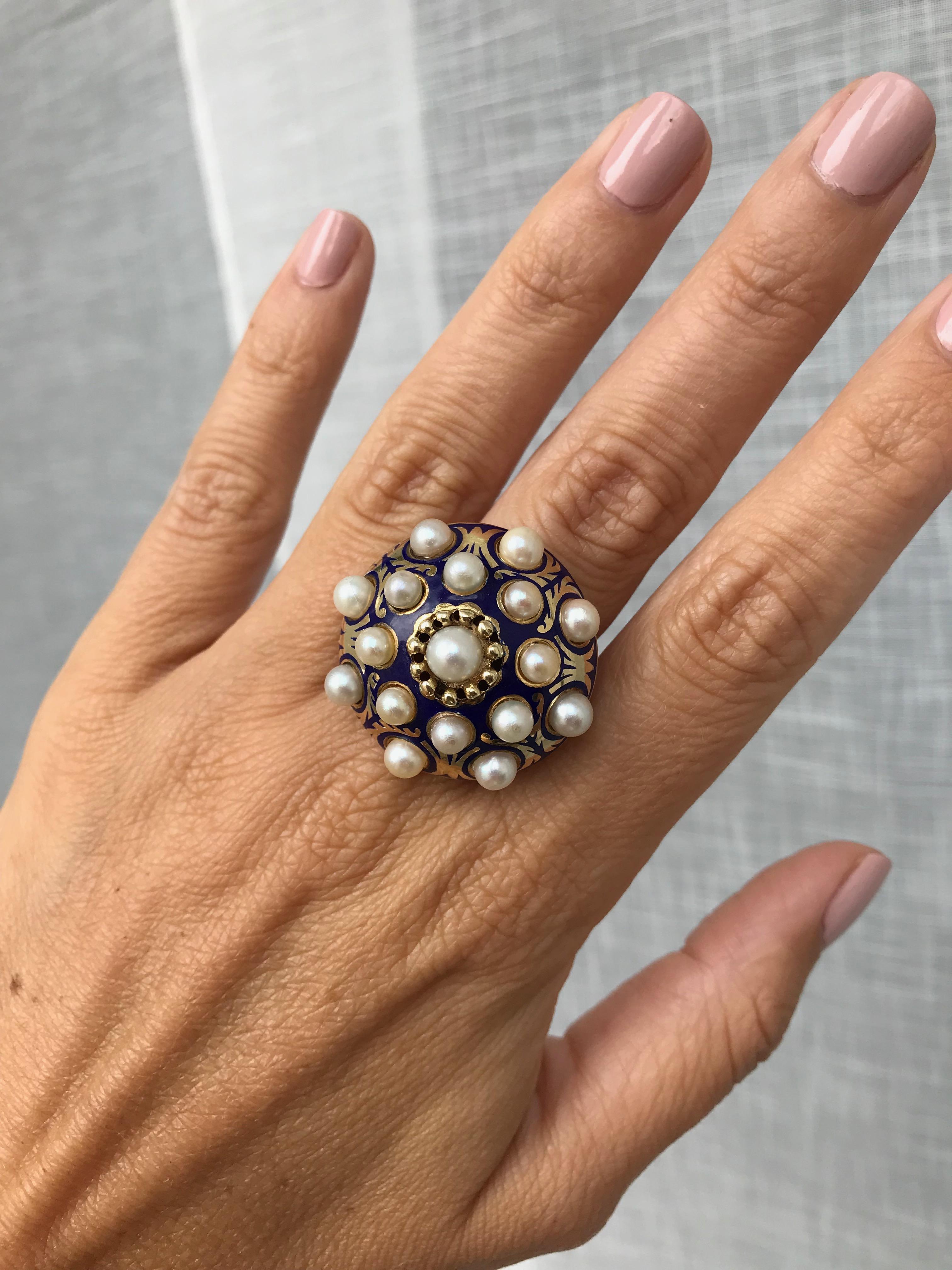 Victorian Pearls Enamel Gold Ring 4