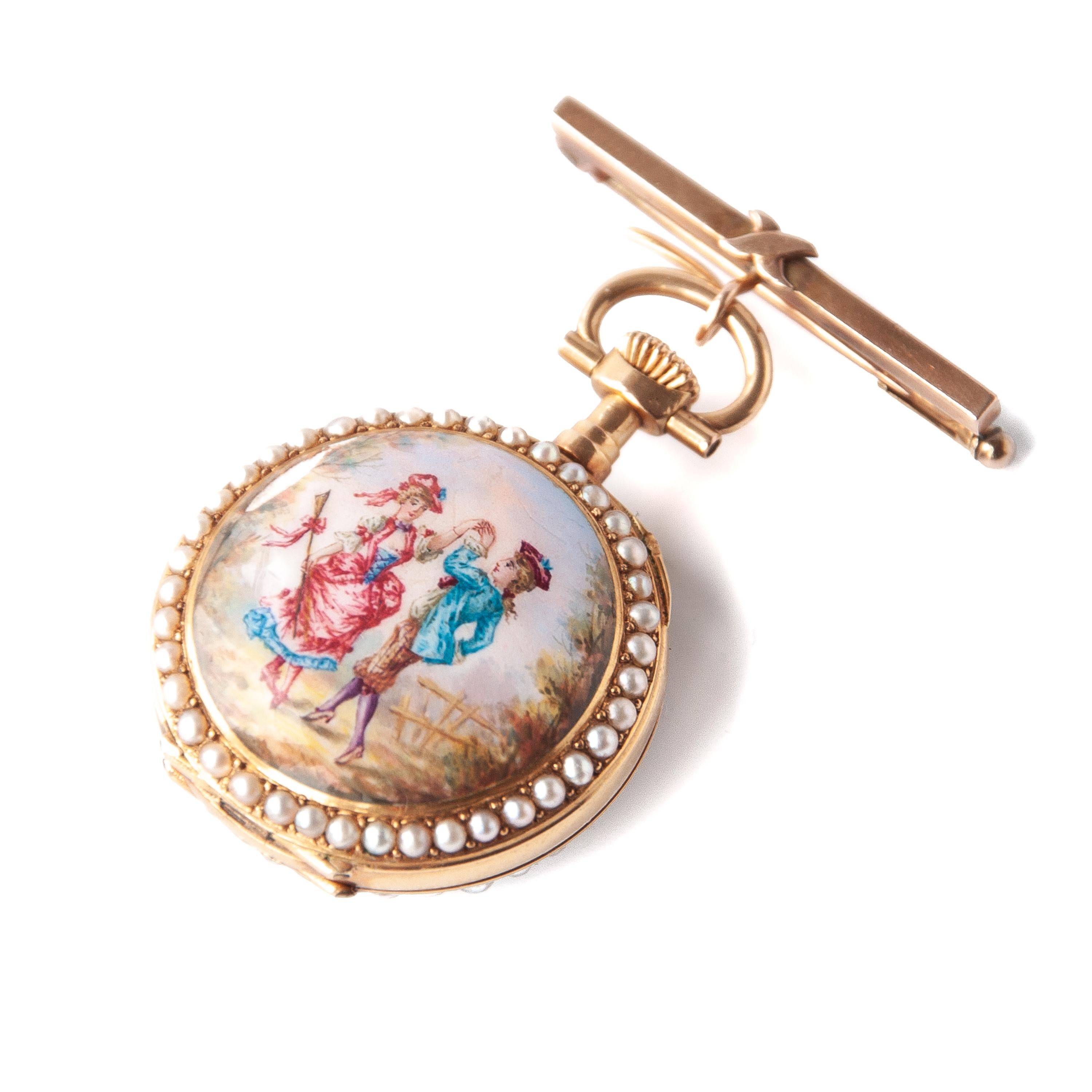 This nineteenth century 18 karat gold ladies pocket watch featuring a painted enamel scenery of a dancing couple. The watch is surrounded with seventy-seven seed pearls on both sides and can be worn as brooch. This elegant analogue ladies pocket