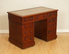 Victorian Pedestal Desk on Wheels with Original Wooden Knobs and Leather Top
