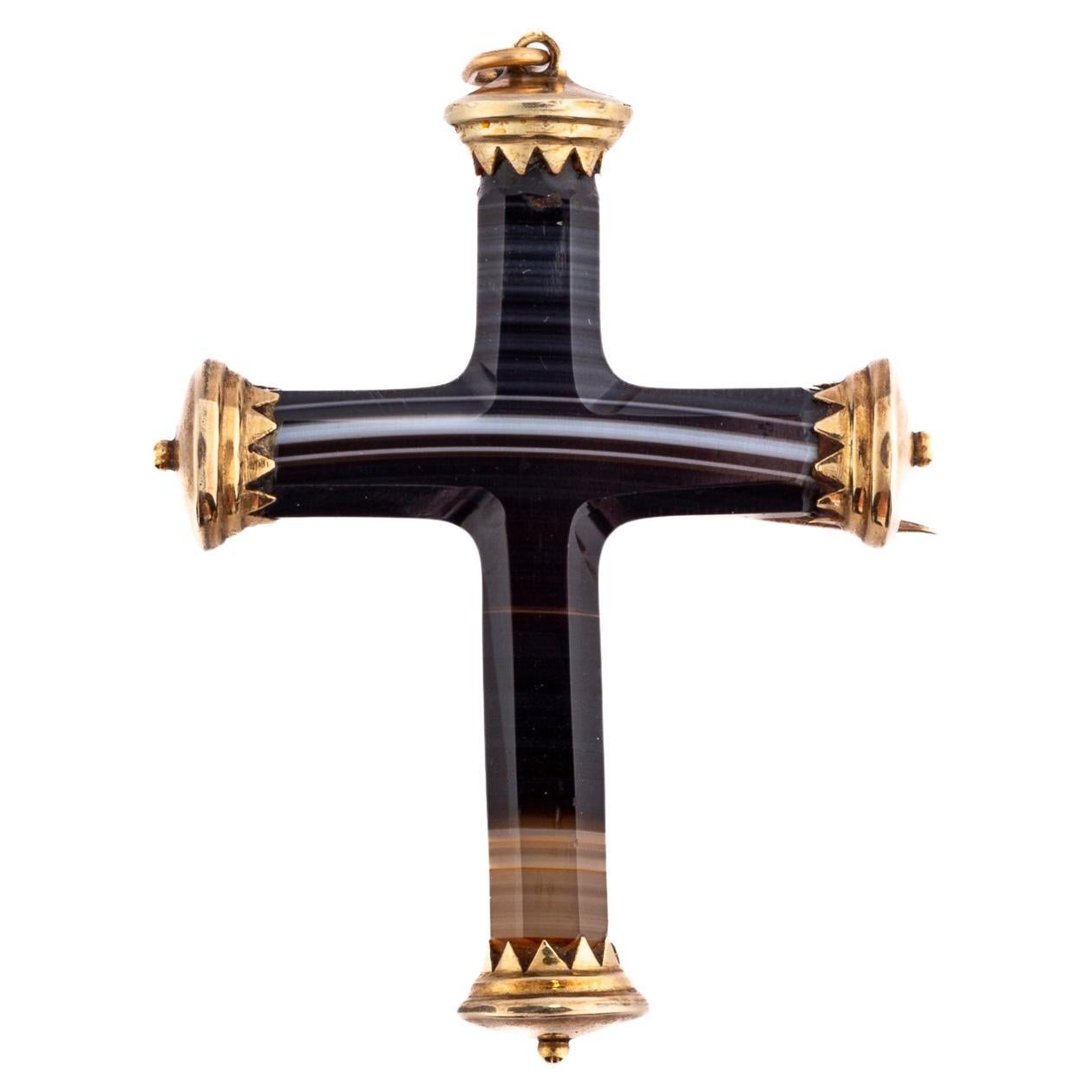 Pendentif et broche victorienne Croix en agate bandée C.I.C. 1870