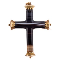 Victorian Pendant and Brooch Banded Agate Cross c. 1870