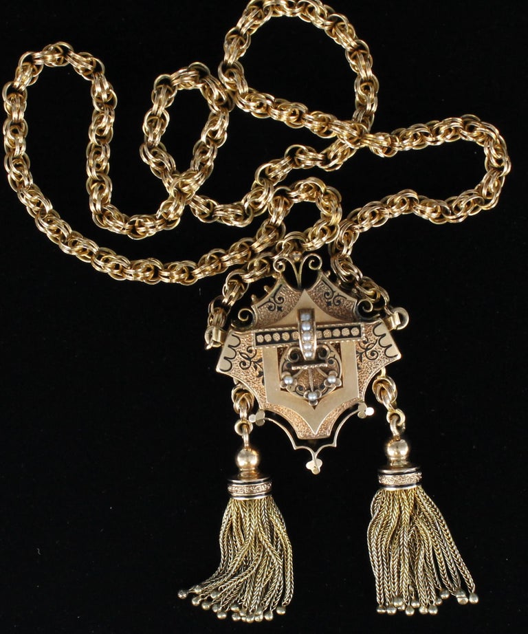 Victorian Pendant and Watch Chain with Pearls and Enamel in 15 Karat ...