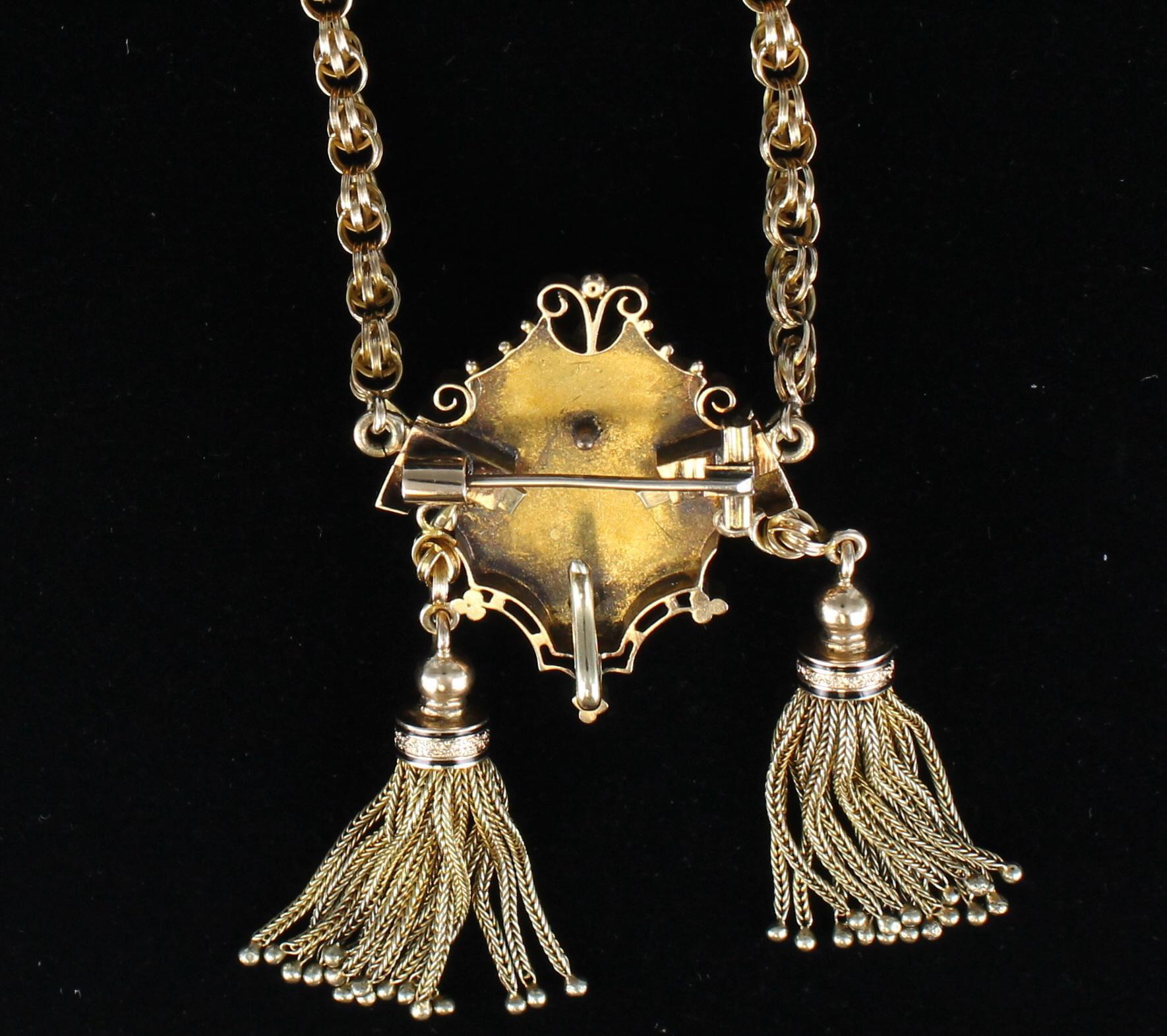 Victorian Pendant and Watch Chain with Pearls and Enamel in 15 Karat Yellow Gold In Excellent Condition For Sale In Atlanta, GA
