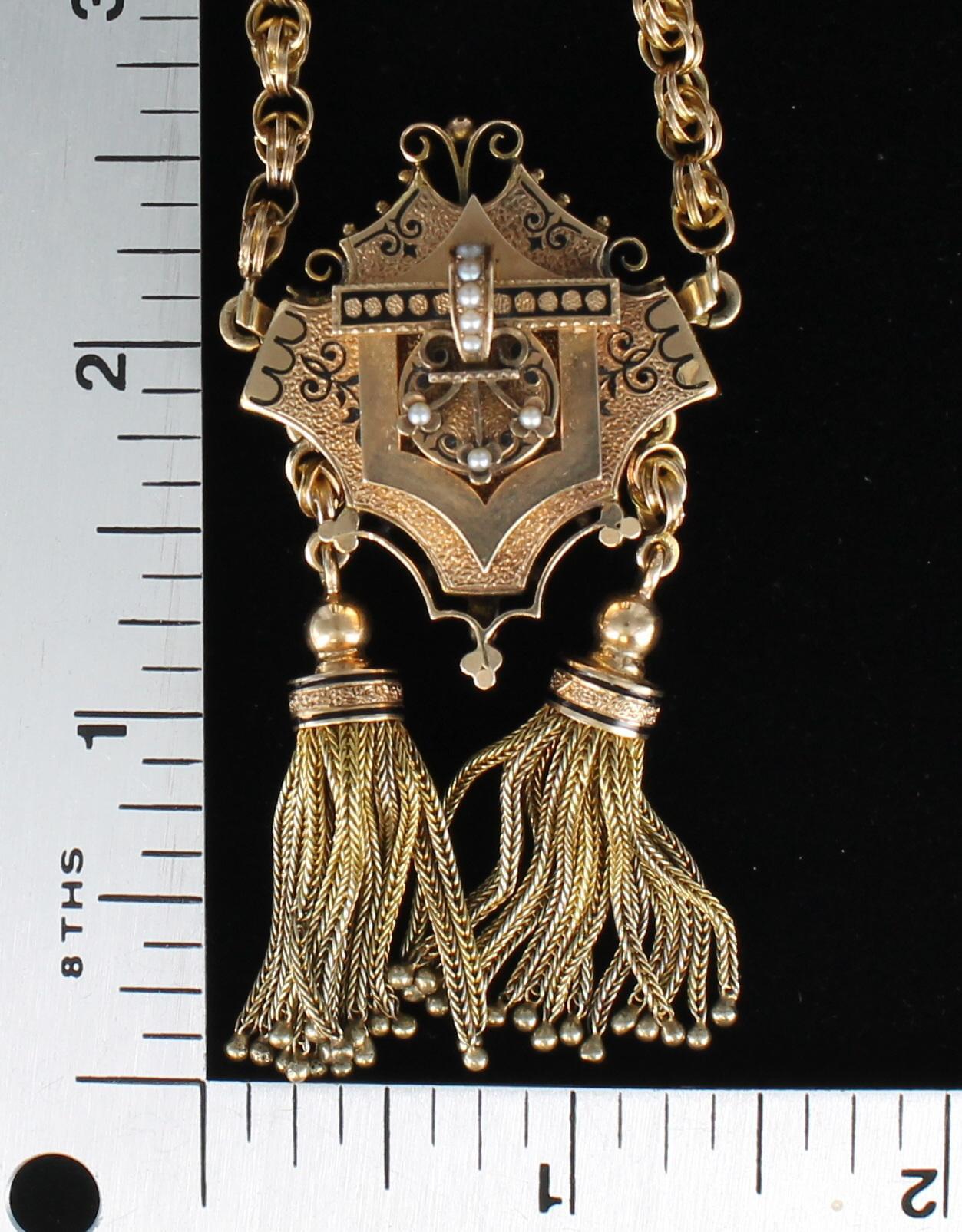 Women's or Men's Victorian Pendant and Watch Chain with Pearls and Enamel in 15 Karat Yellow Gold For Sale