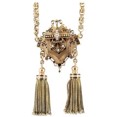 Victorian Pendant and Watch Chain with Pearls and Enamel in 15 Karat Yellow Gold