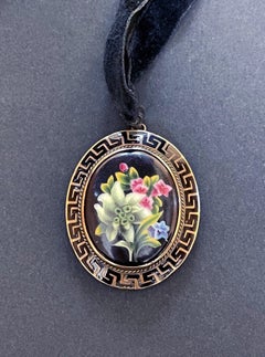 Victorian Pendant Locket around 1910 Brass & Glossy Porcelain Edelweiss, Germany