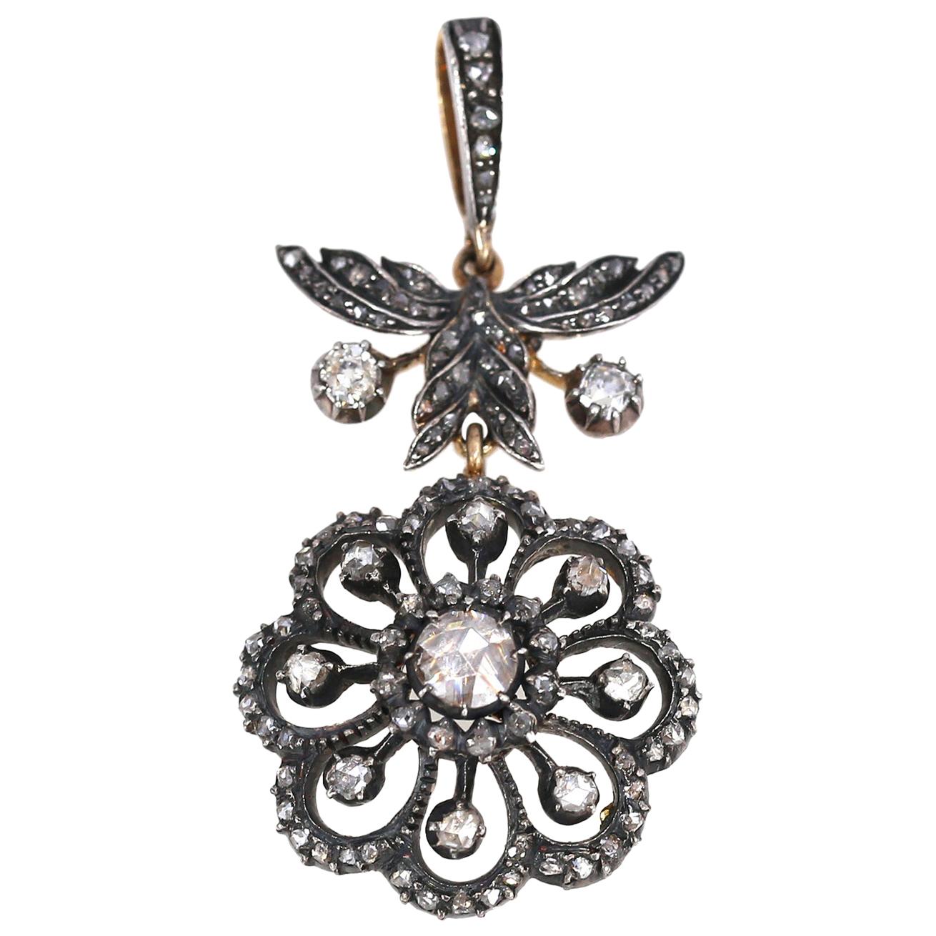 Rose Cut Victorian Pendant Rose-Cut Diamonds Flower Boxed, 1890 For Sale