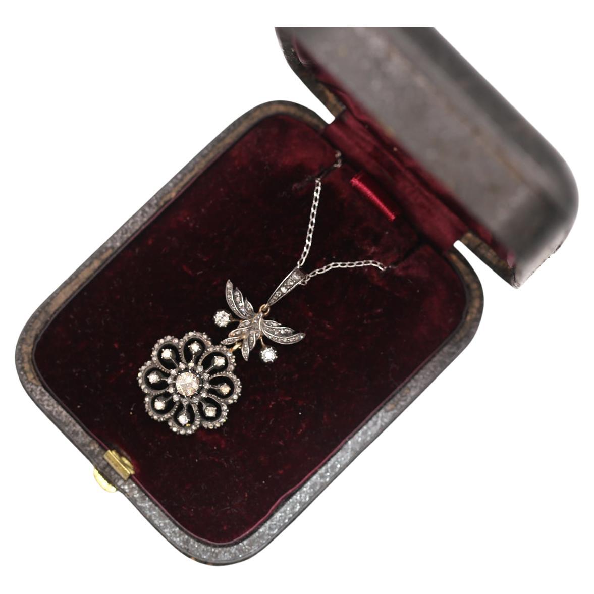 Victorian Pendant Rose-Cut Diamonds Flower Boxed, 1890 For Sale