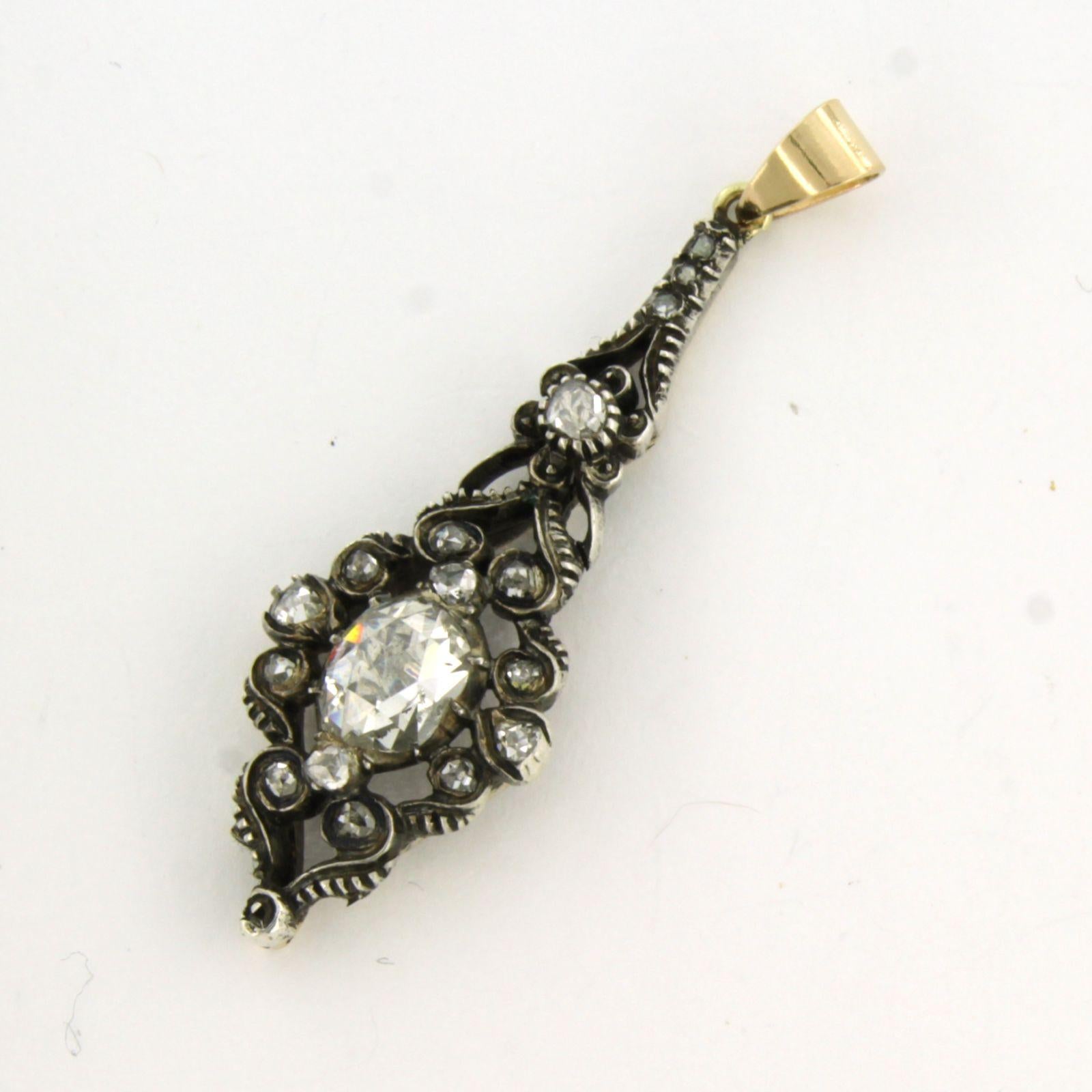 Women's Victorian pendant with rose cut diamonds up to 1.10ct 14k yellow gold and silver For Sale