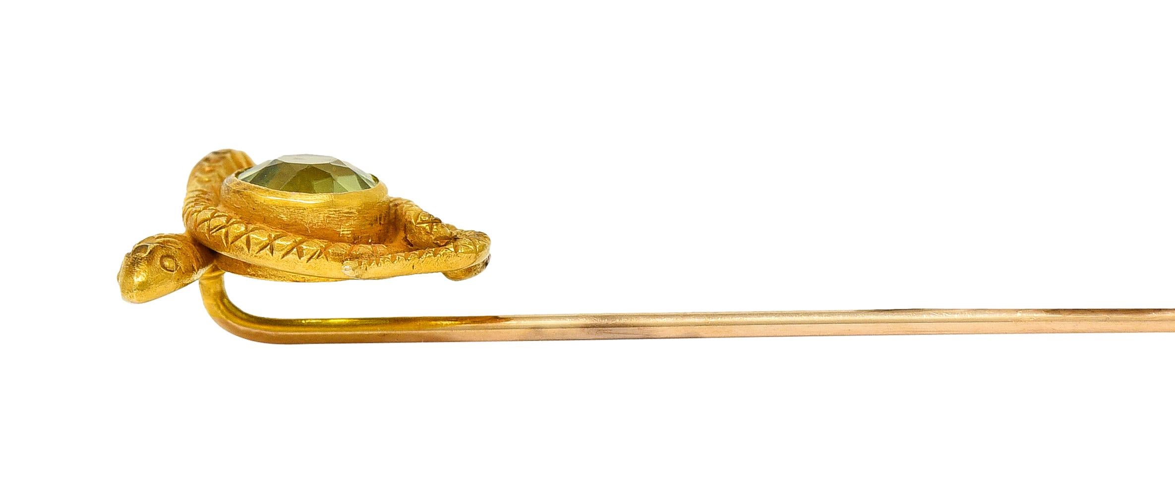 Victorian Peridot 14 Karat Yellow Gold Love Knot Snake Stickpin For Sale 2