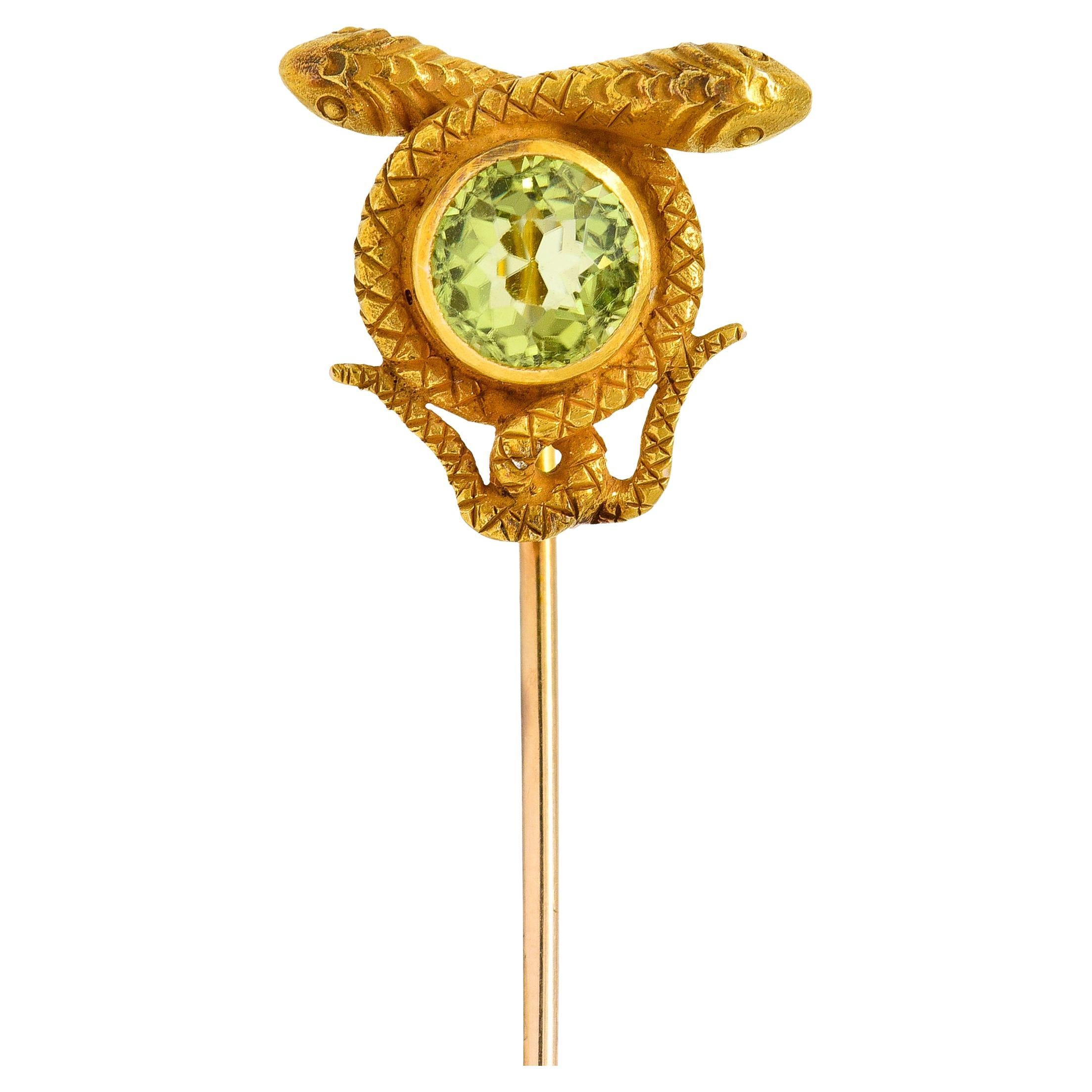 Victorian Peridot 14 Karat Yellow Gold Love Knot Snake Stickpin For Sale