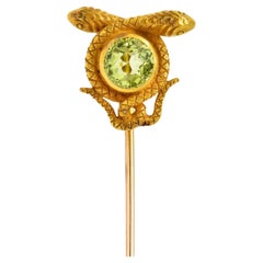 Antique Victorian Peridot 14 Karat Yellow Gold Love Knot Snake Stickpin