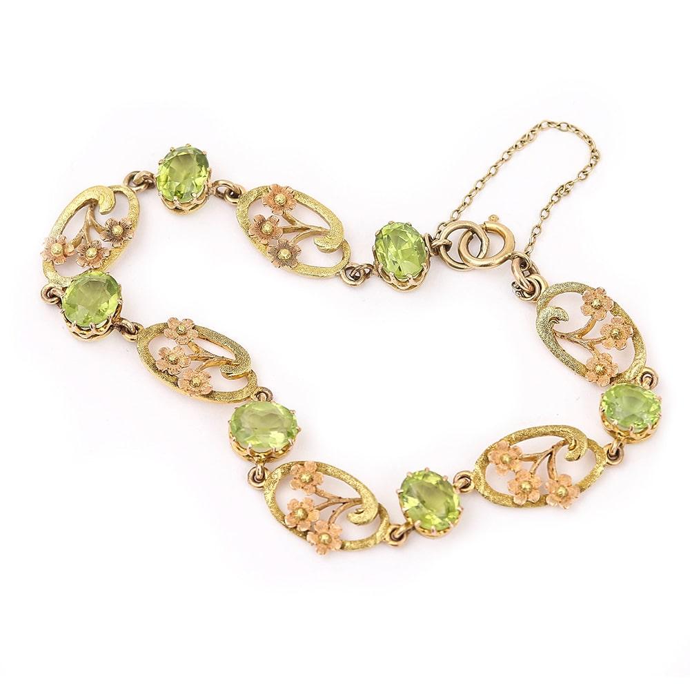 Victorian Peridot and 18 Karat Green, Yellow and Rose Gold Art Nouveau Bracelet 1