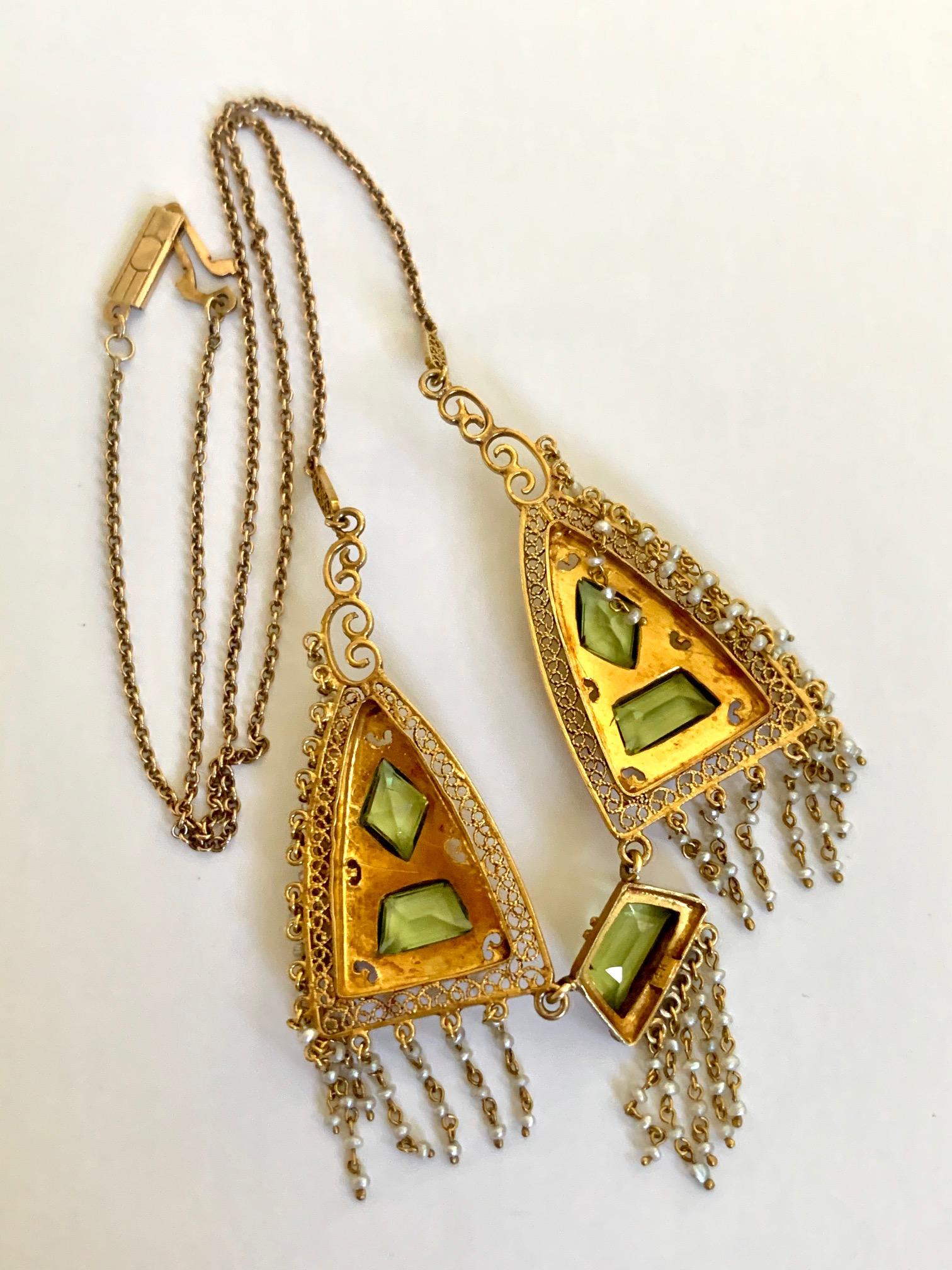 Emerald Cut Victorian Peridot and Seed Pearl 14 Karat Yellow Gold Necklace