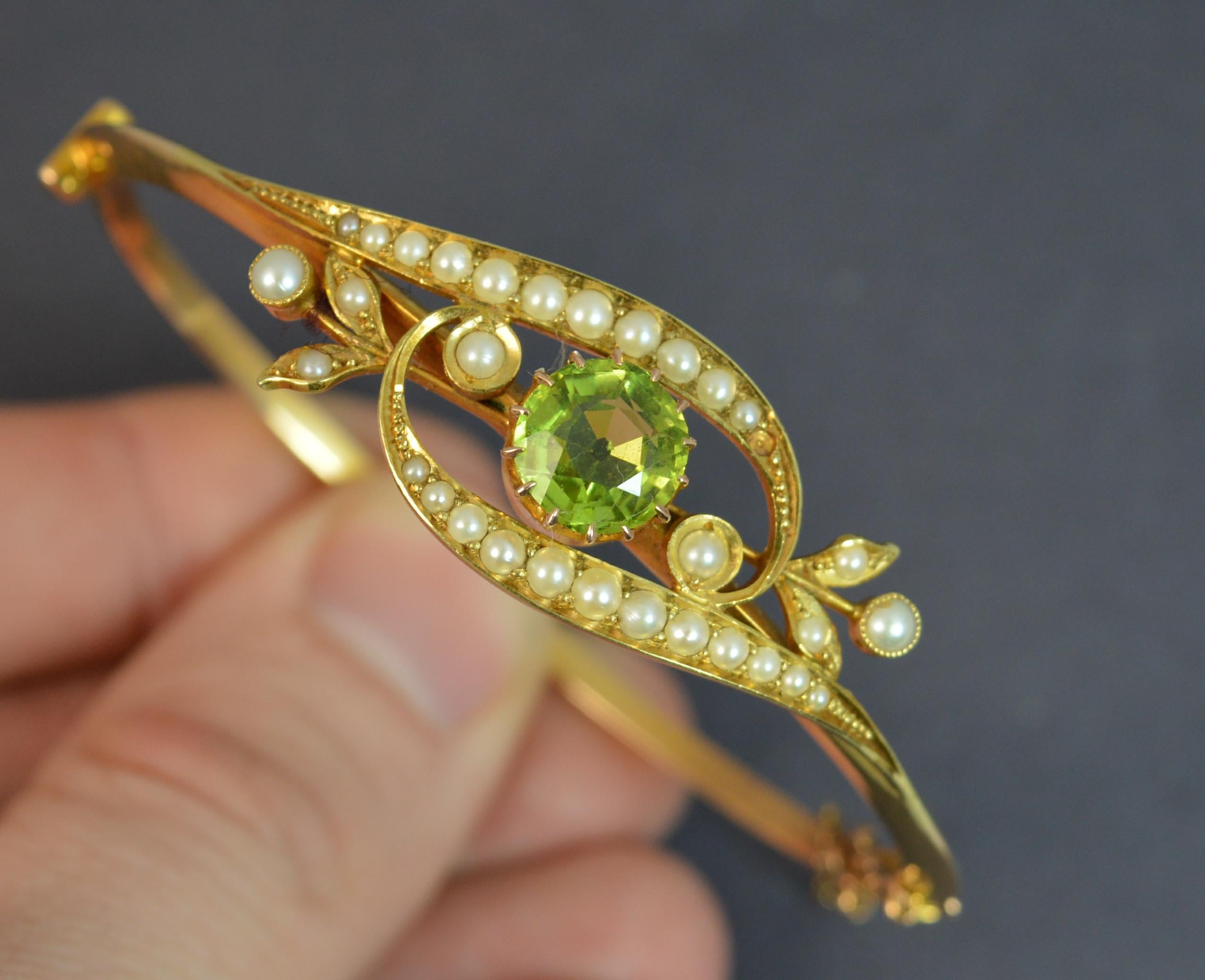 Women's Victorian Peridot and Seed Pearl 15 Carat Gold Bangle