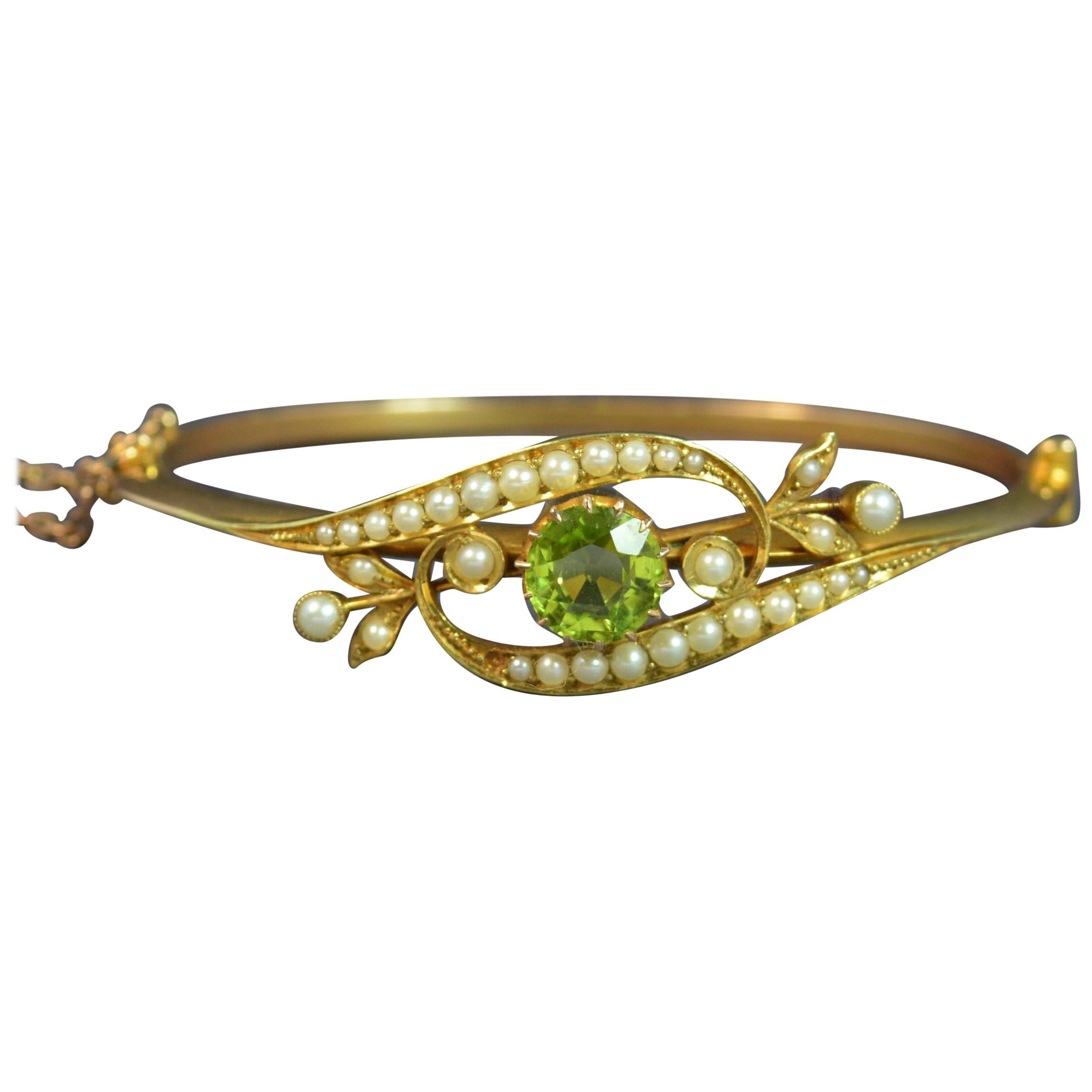 Victorian Peridot and Seed Pearl 15 Carat Gold Bangle