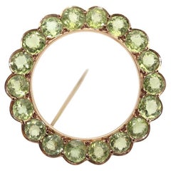 Retro Victorian Peridot Circle Brooch Pin Yellow Gold, 1900