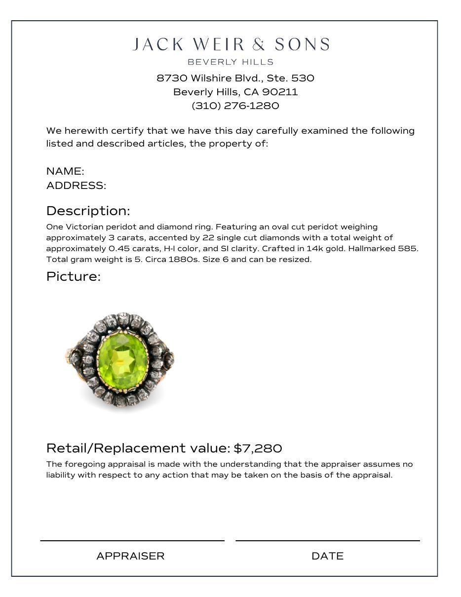 Anillo victoriano de oro de 14k con diamante peridoto en Excelente Estado en Beverly Hills, CA