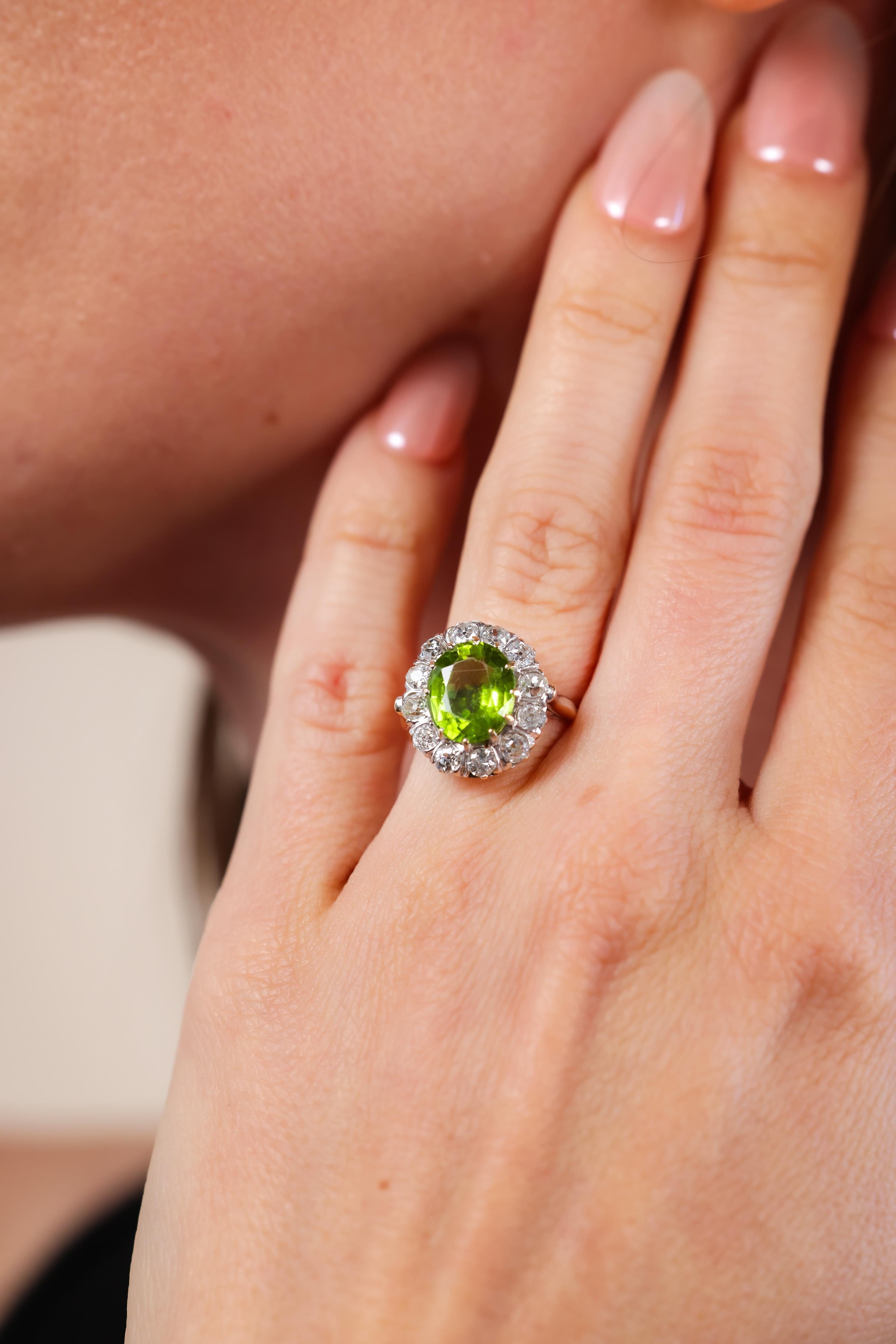 oval cut green peridot weighing approximately 3.1 carat
accented by 12 old european cut diamonds weighing approximately 1.2 carat
J-K color 
SI-included 
14k shank & 18k gold top white and yellow gold 
Victorian circa circa 1870s 
ring size 5-1/4