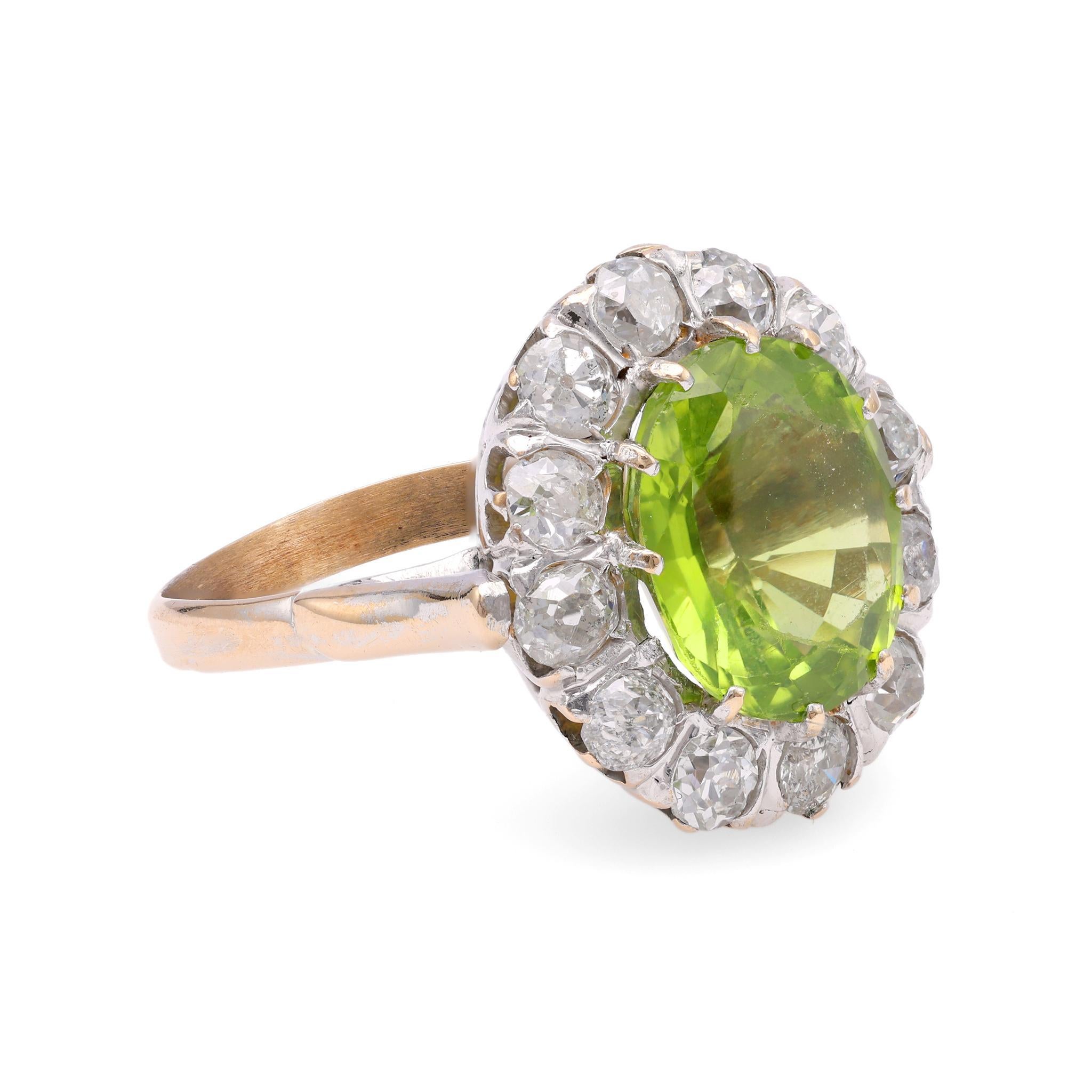 Oval Cut Victorian Peridot Diamond Gold Cluster Ring For Sale