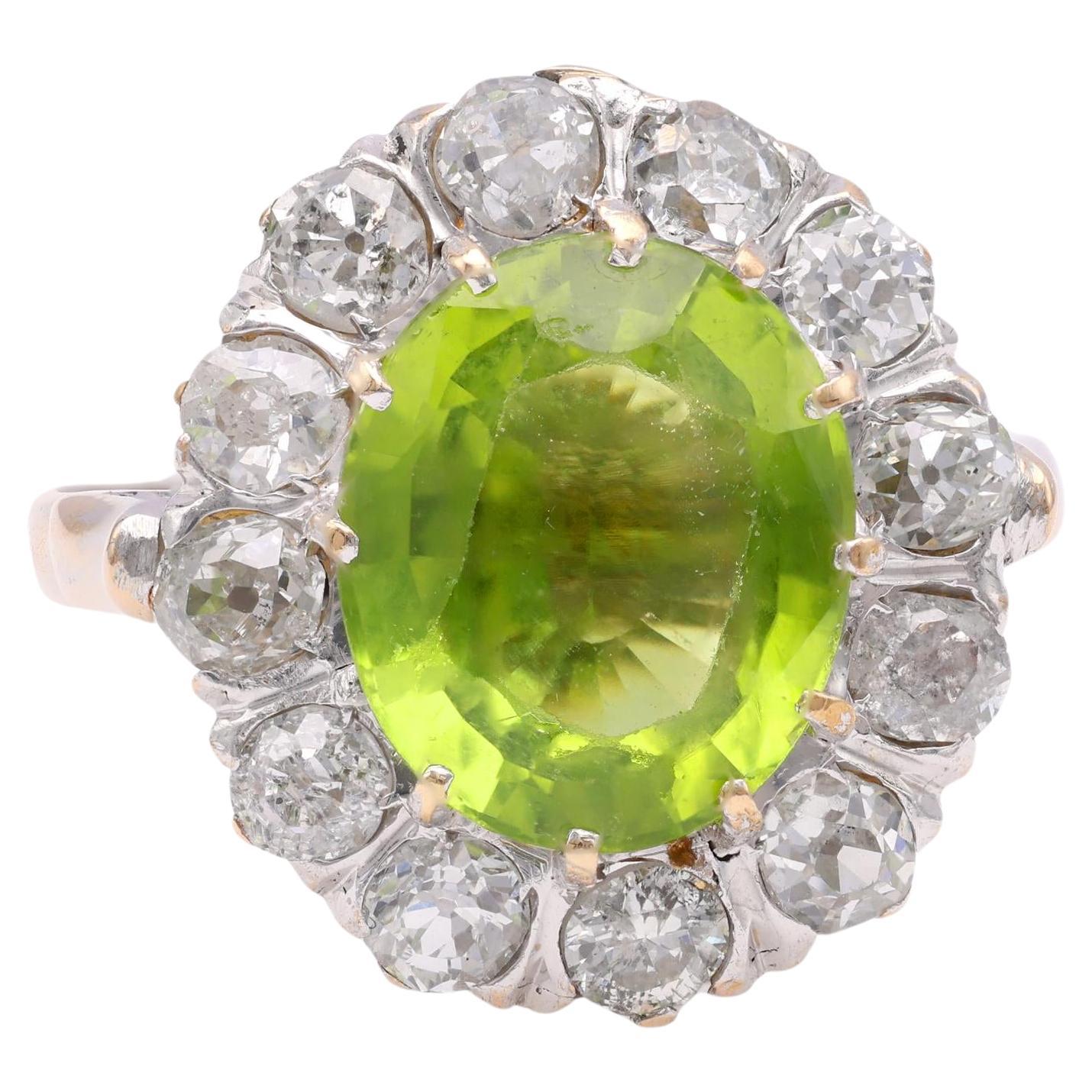 Victorian Peridot Diamond Gold Cluster Ring For Sale