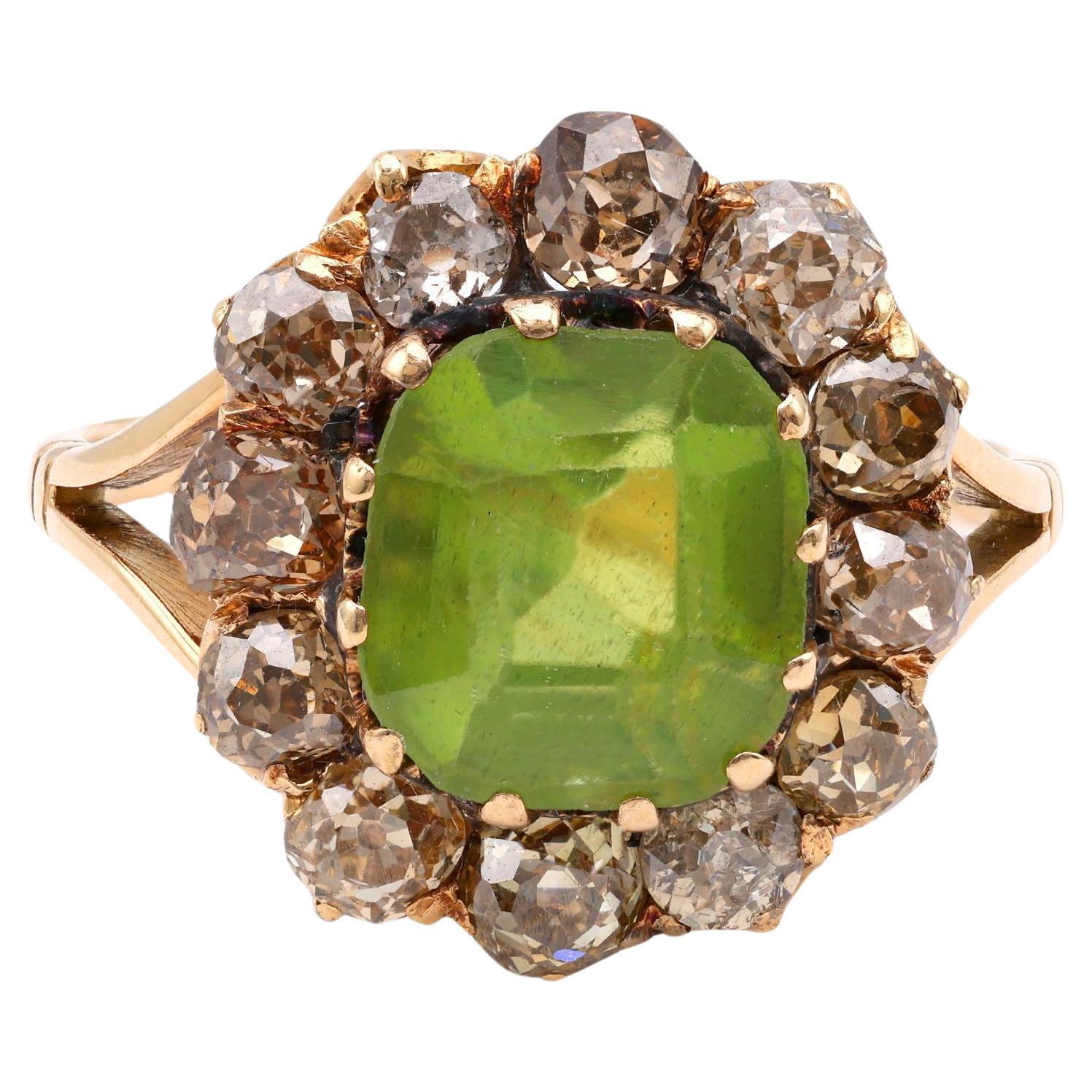 Victorian Peridot Fancy Brown Diamond 18K Rose Gold Cluster Ring