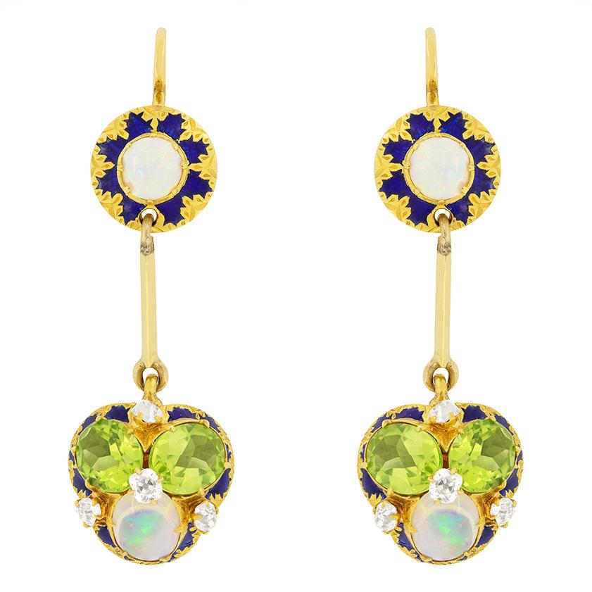 Oval Cut Victorian Peridot, Opal and Diamond Drop Earrings, c.1880s