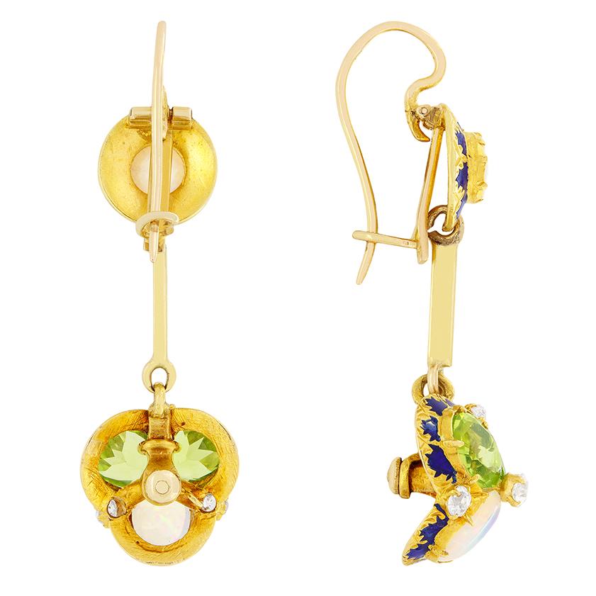 Victorian Peridot, Opal and Diamond Drop Earrings, c.1880s In Good Condition In London, GB