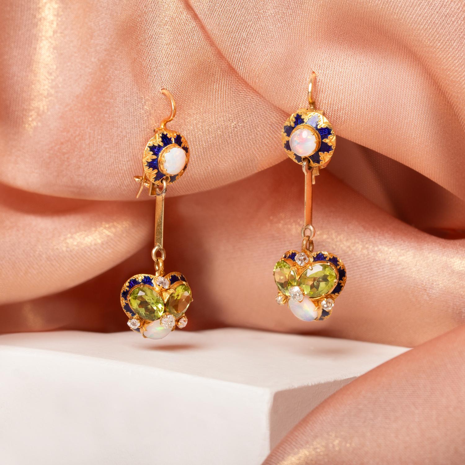 Women's or Men's Victorian Peridot, Opal and Diamond Drop Earrings, c.1880s