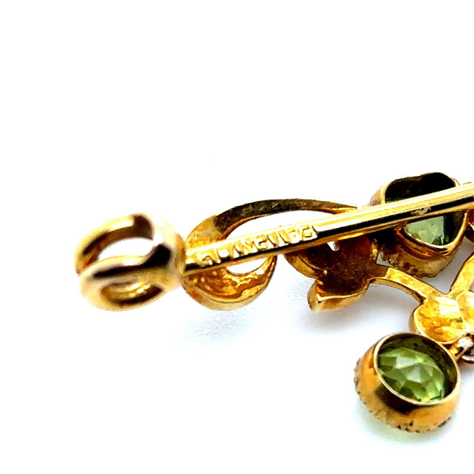 Spilla vittoriana a cuore in oro giallo 15 carati con perle di peridoto in vendita 2