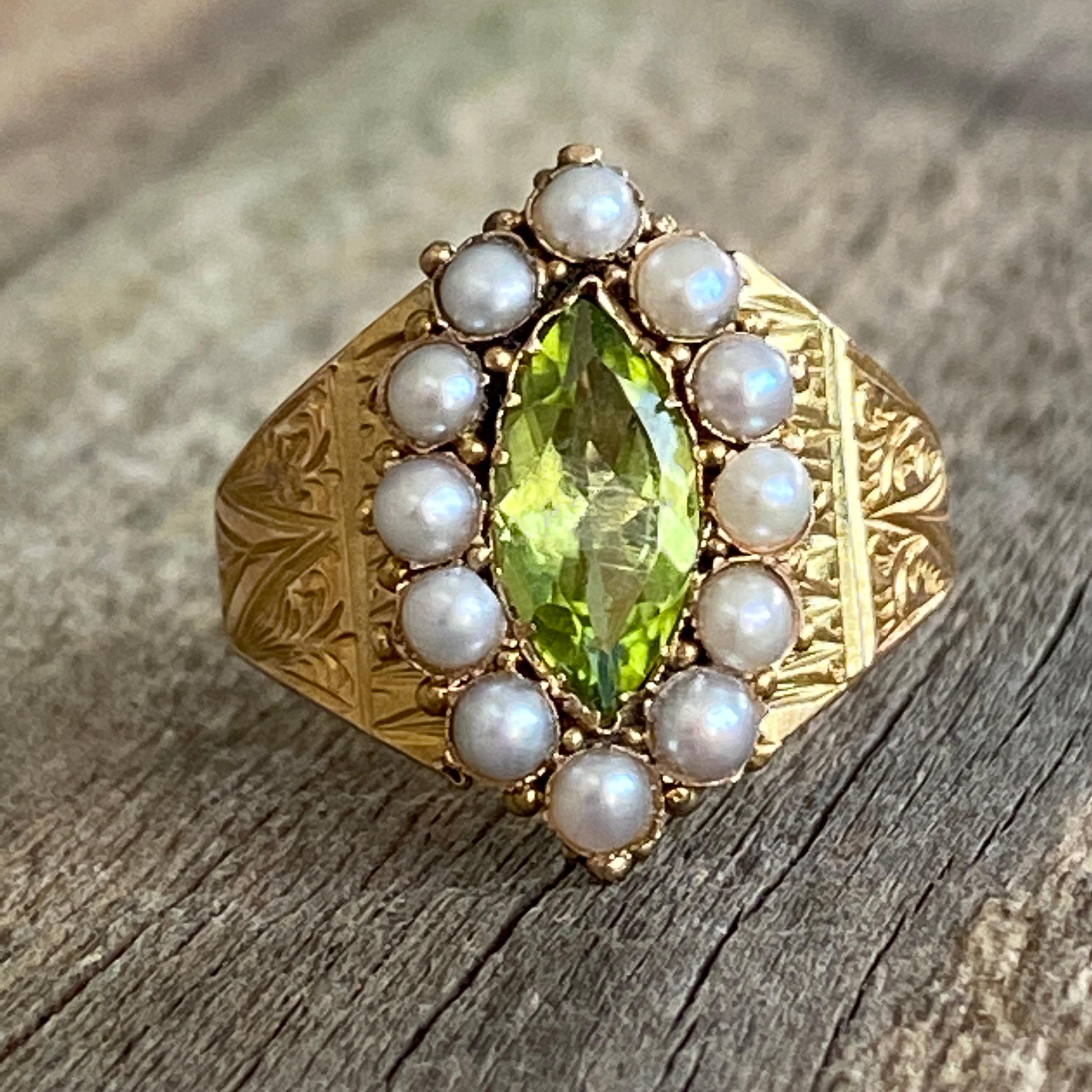 Victorian Peridot Seed Pearl Engraved 15K Gold Ring For Sale 2