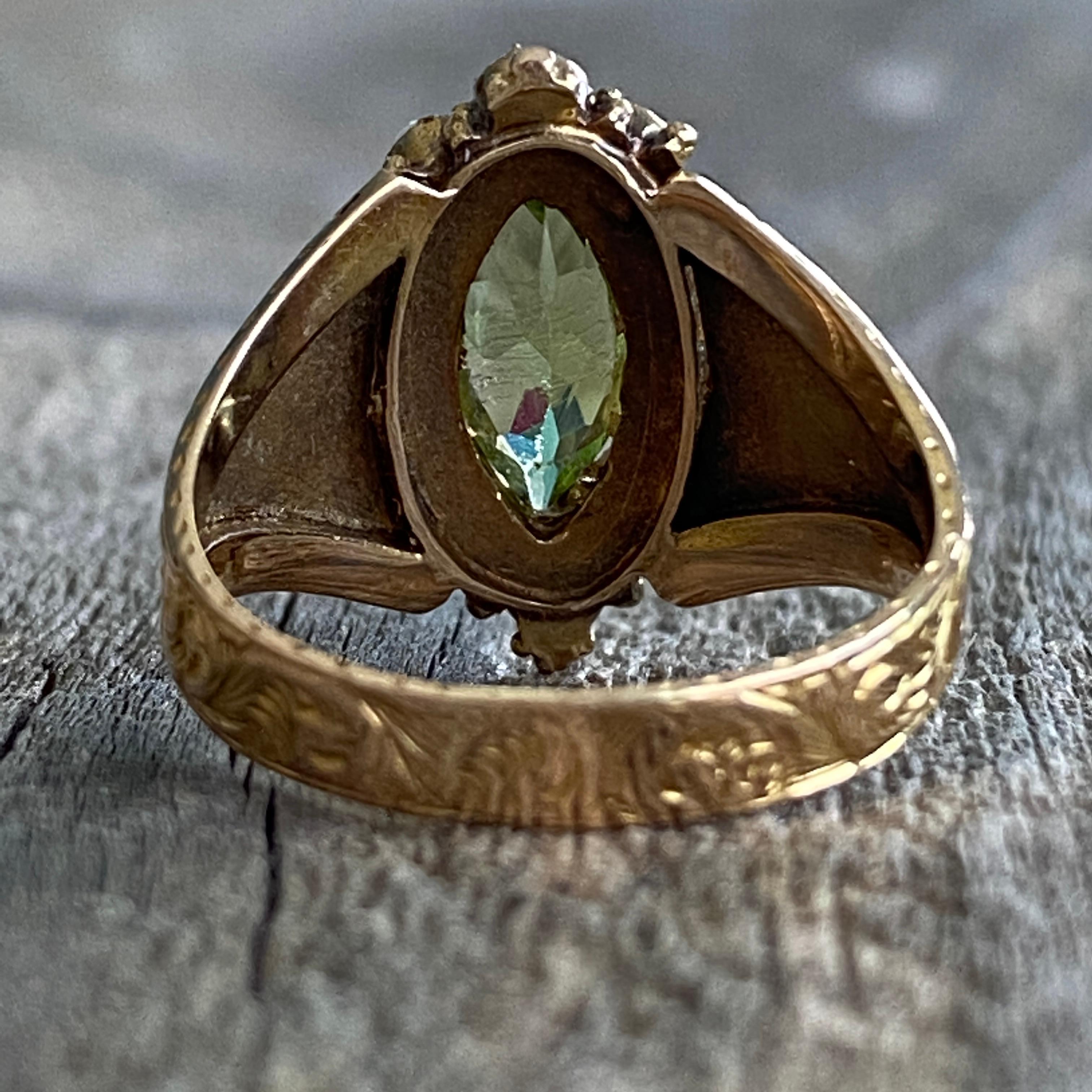 Victorian Peridot Seed Pearl Engraved 15K Gold Ring For Sale 4