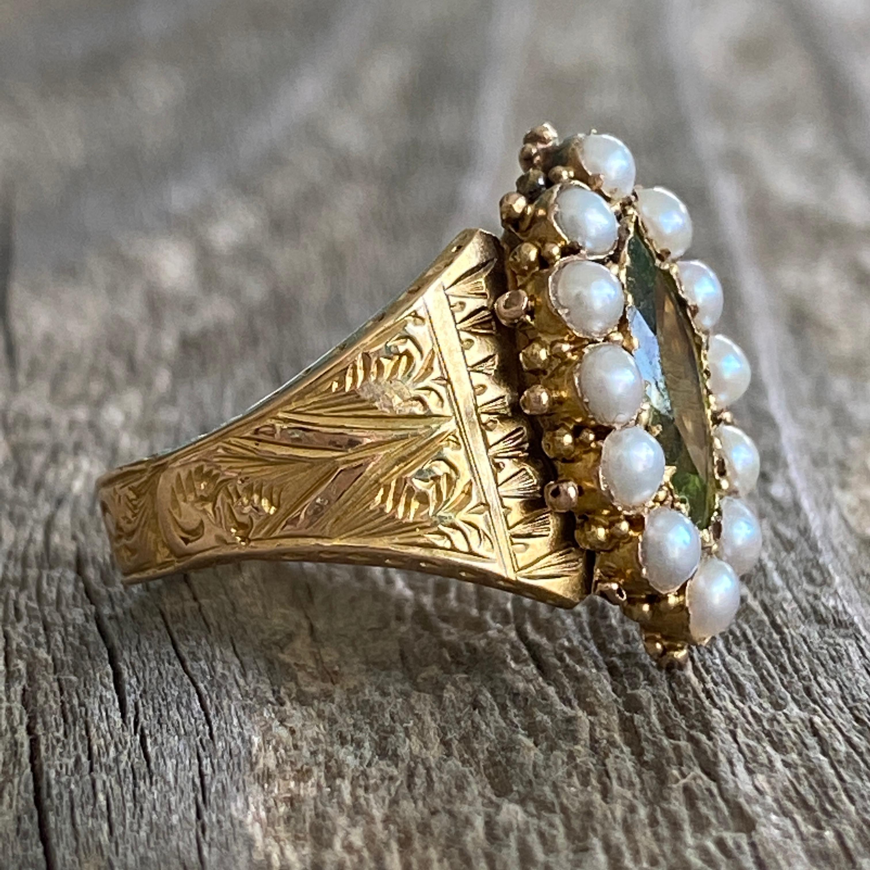Marquise Cut Victorian Peridot Seed Pearl Engraved 15K Gold Ring For Sale