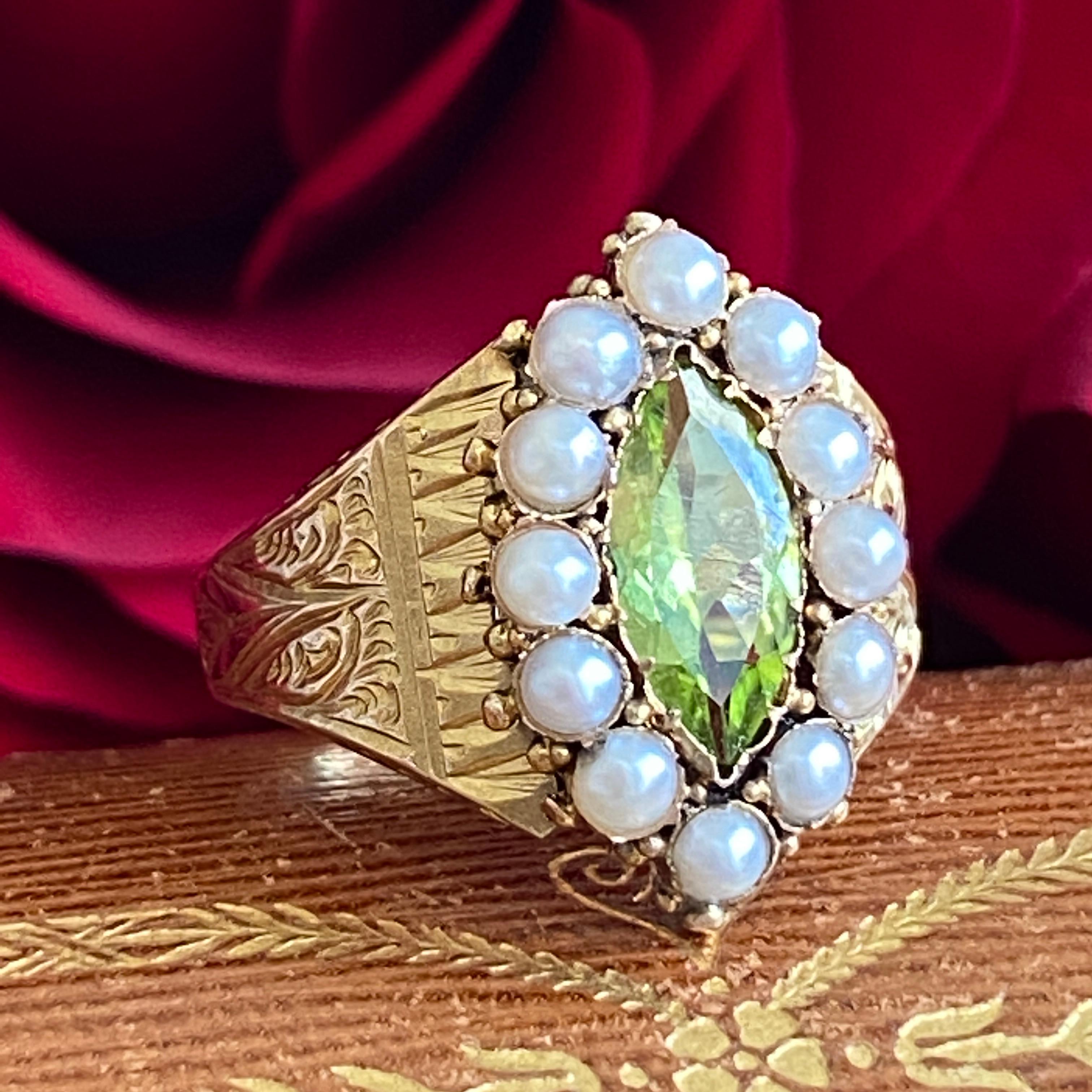 Women's Victorian Peridot Seed Pearl Engraved 15K Gold Ring For Sale