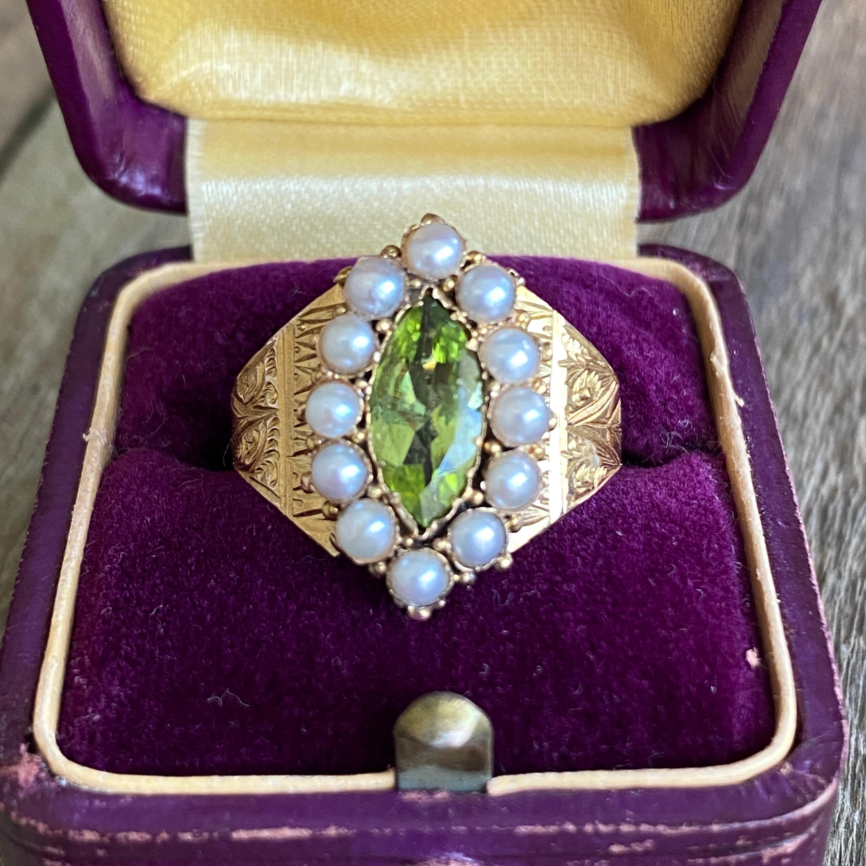 Victorian Peridot Seed Pearl Engraved 15K Gold Ring For Sale 1