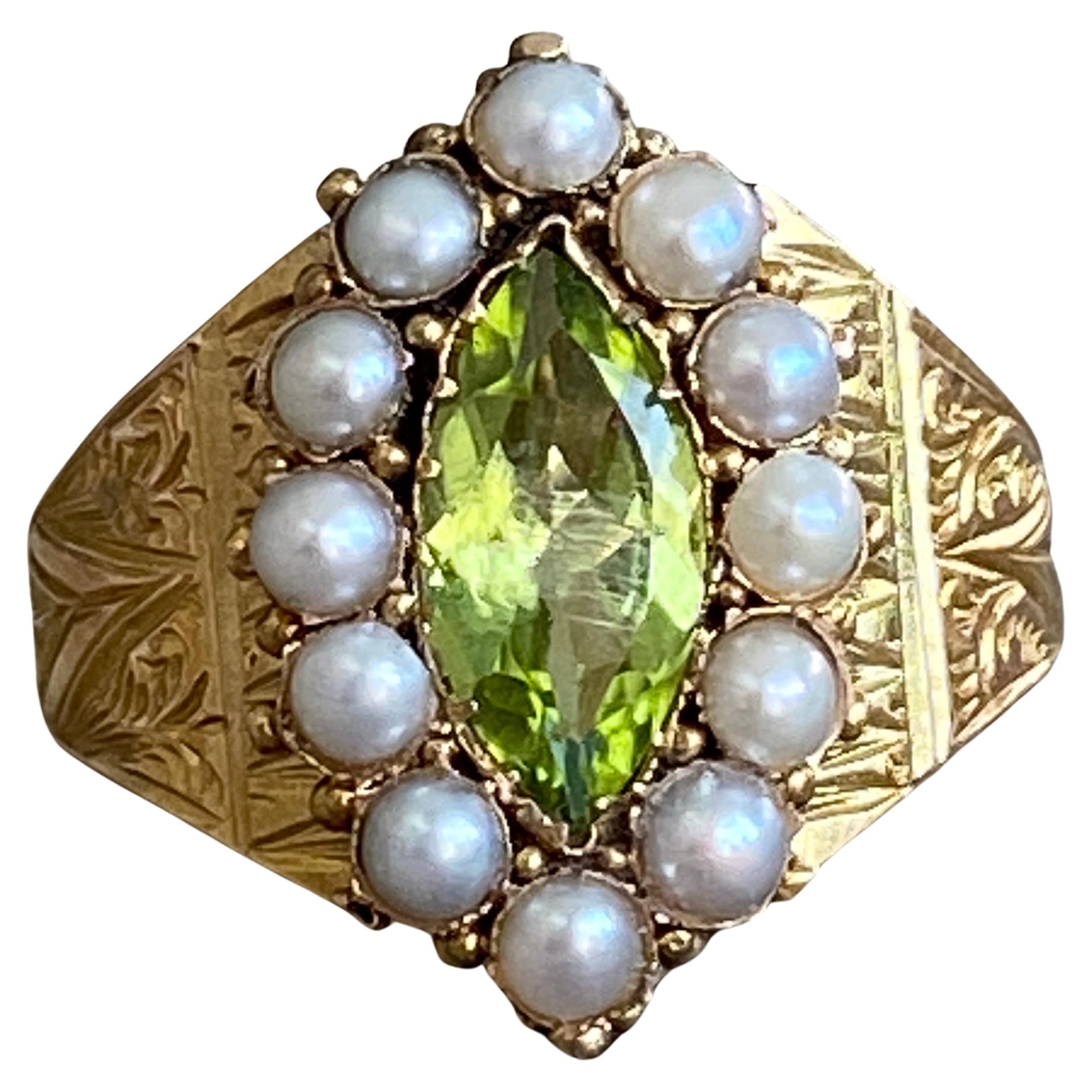 Victorian Peridot Seed Pearl Engraved 15K Gold Ring