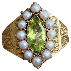 Antique Victorian Peridot Seed Pearl Engraved 15K Gold Ring