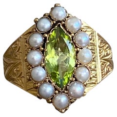 Victorian Peridot Seed Pearl Engraved 15K Gold Ring