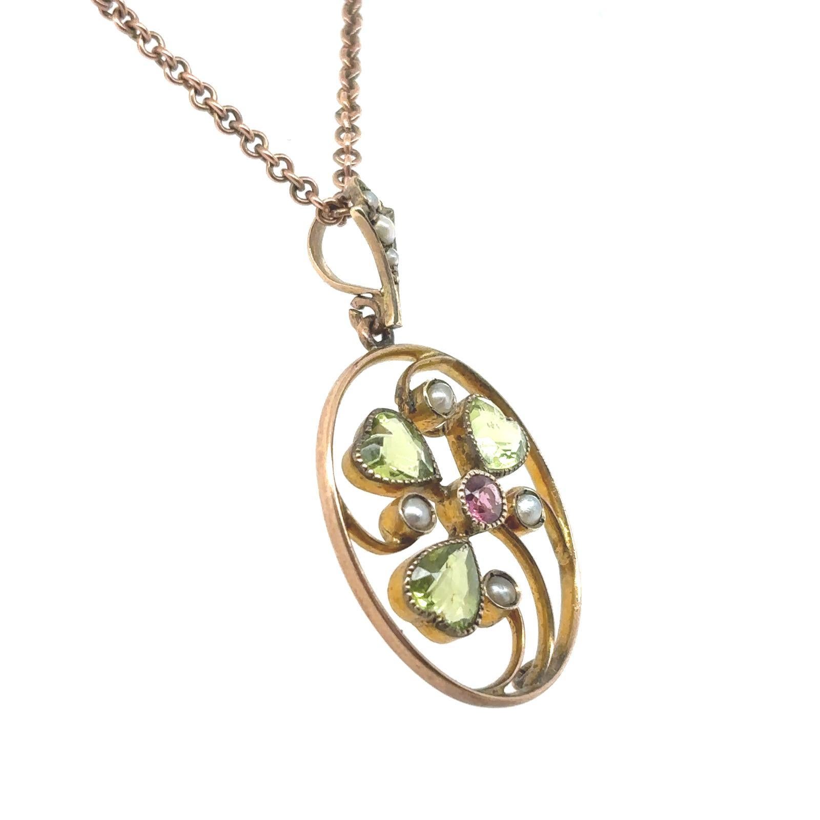 Heart Cut Victorian Peridot Seed Pearl Pink Sapphire Floral 9 Karat Yellow Gold Necklace